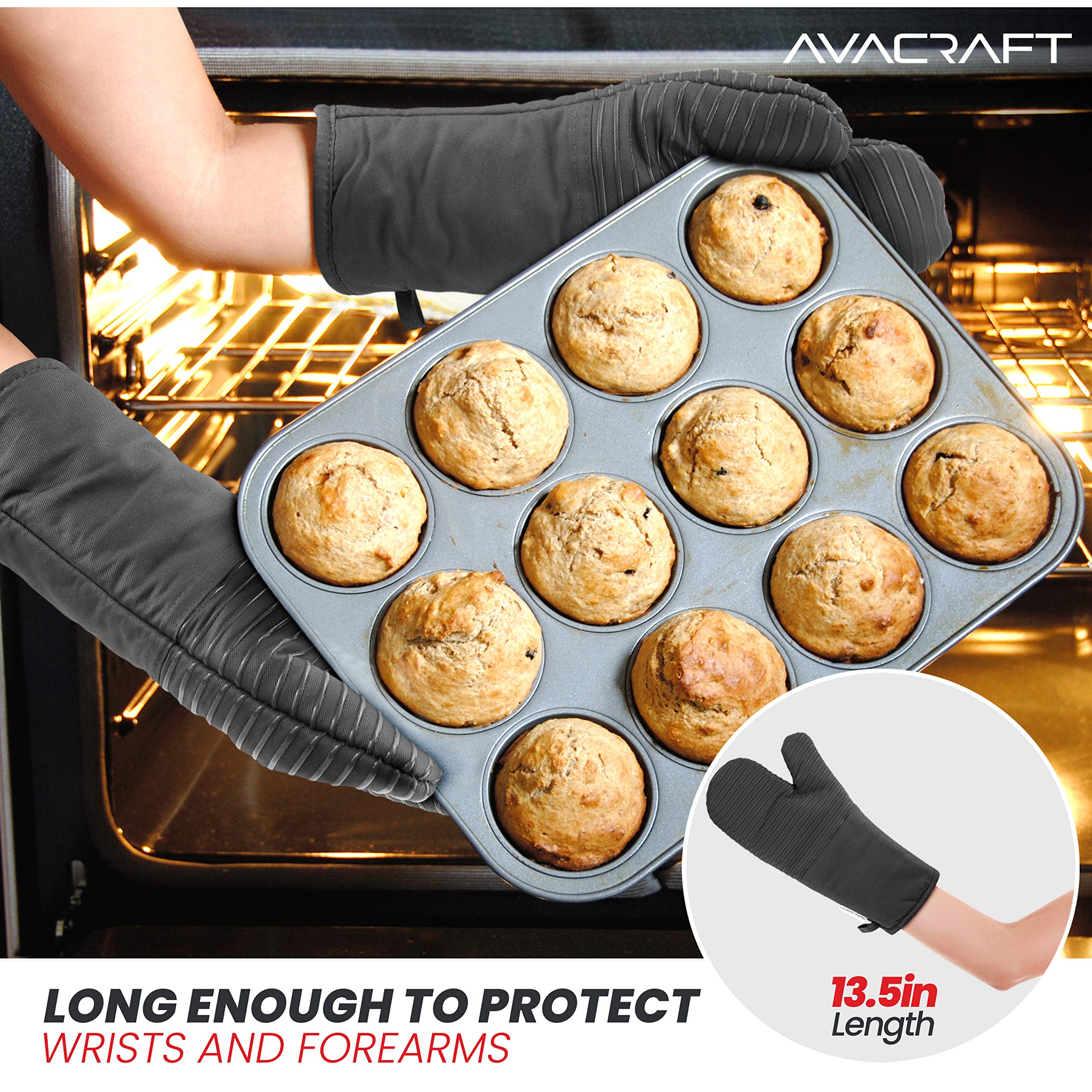AVACRAFT Ofenhandschuhe, flexibel, 100 % Baumwolle mit einzigartigem, hitzebeständigem Silikon in Lebensmittelqualität, dicke Frottee-Innenseite, 250 °C hitzebeständig (graue Ofenhandschuhe)