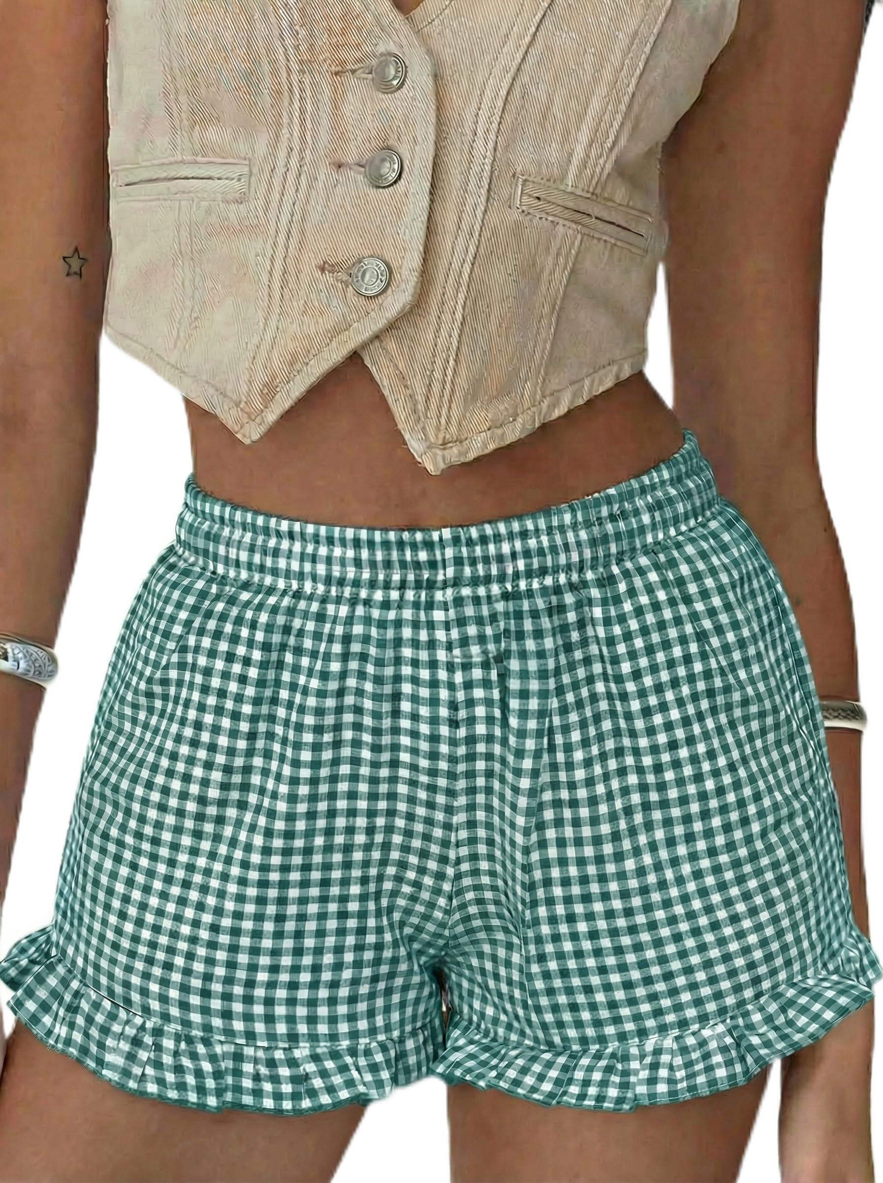 Boxer Shorts Gingham Shorts Y2K Beach Bottoms | Plaid Shorts Y2K Pajama Bottoms Two Pockets