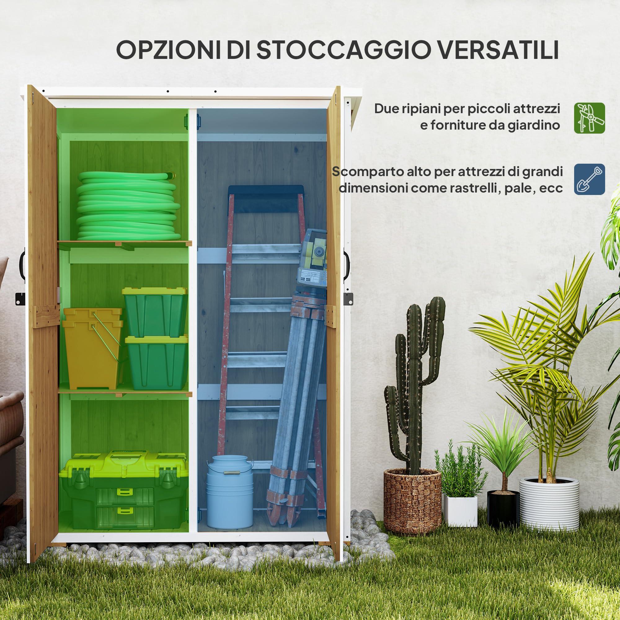 Outsunny Casetta da Giardino 0.55 m² con 2 Ripiani, 2 Porte con Serratura e Piedi Regolabili, Casetta Attrezzi Giardino in Legno di Abete e Tetto in Bitume, 116.5x57x159/167 cm, Marrone e Bianco