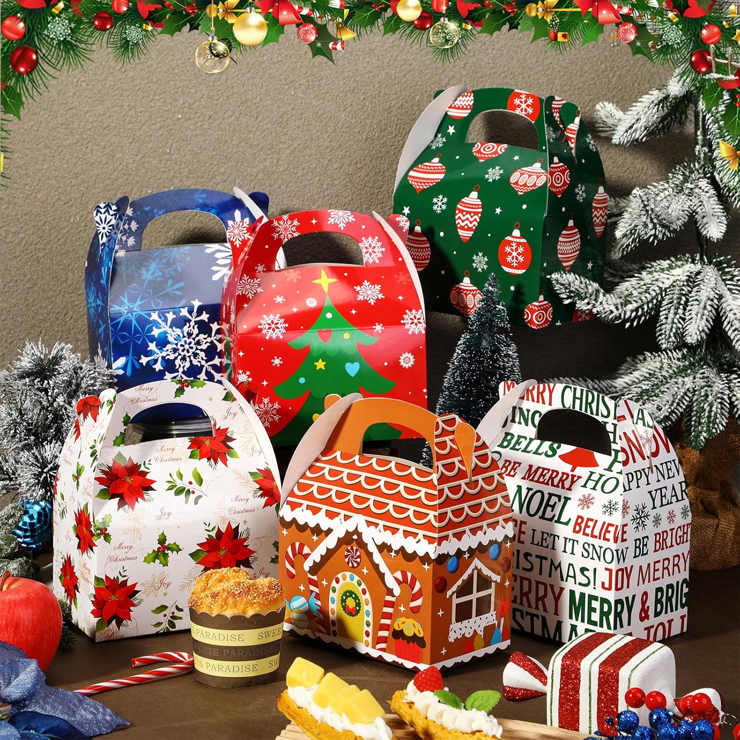 42 Pcs Christmas Goody Gift Box Christmas Cookie Treat Box with Handle 3D Xmas Gift Wrap Box for Christmas Holiday Party Supplies Favors, 6 Designs(Complex Style,Assorted Color) - Image 6