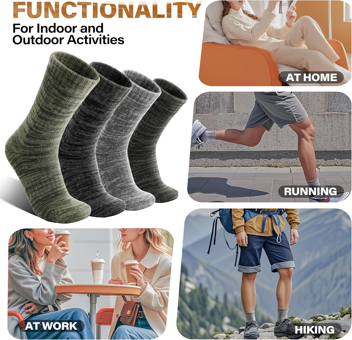 Anlisim Merino Wool Warm Boot Hiking Socks Thermal Extra Thick Winter Cozy Crew Comfy Cushioning Work Women Men Socks 4 Pairs - Image 7