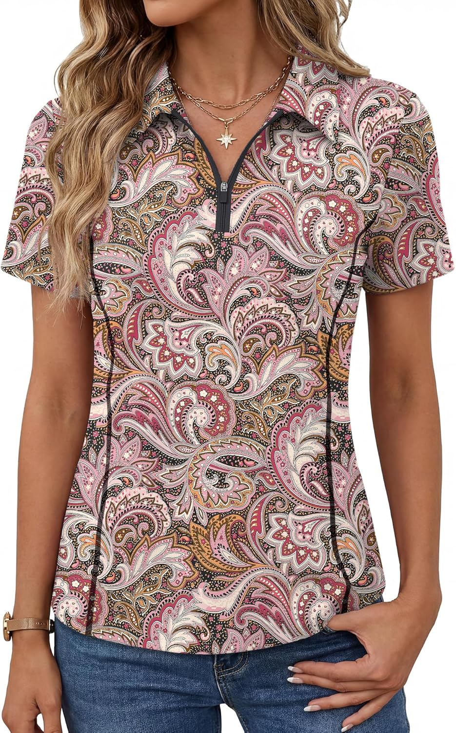 LOMON Women’s Short Sleeve Athletic Polo Shirt High Performance Stretch Quarter Zip Top for Golf Tennis