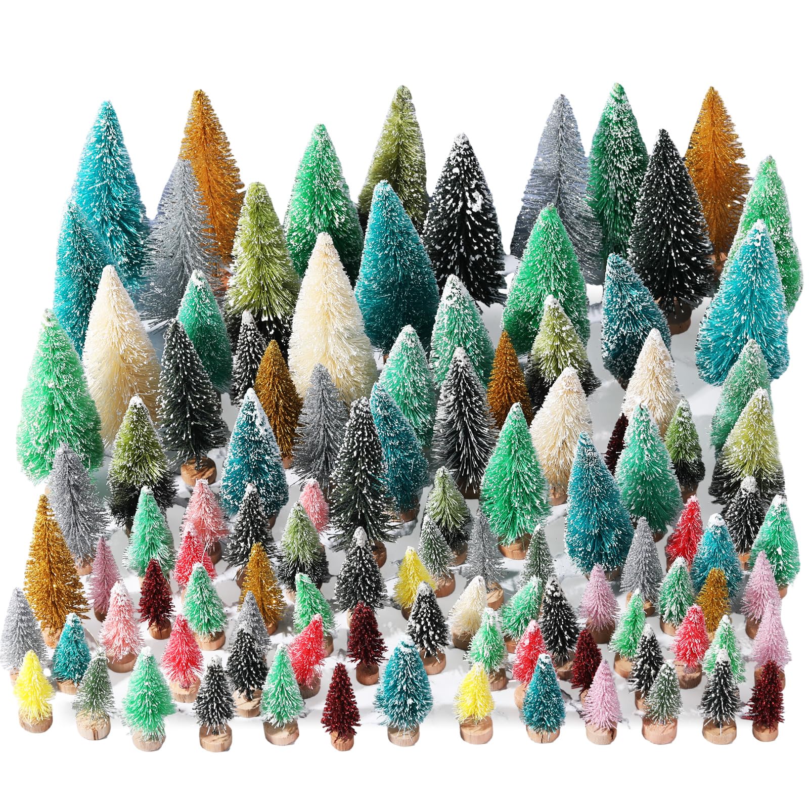 libima 160 pcs artificial christmas trees, mini multicolor pine trees with wooden base for christmas decor, crafts, model railway, architecture, diorama