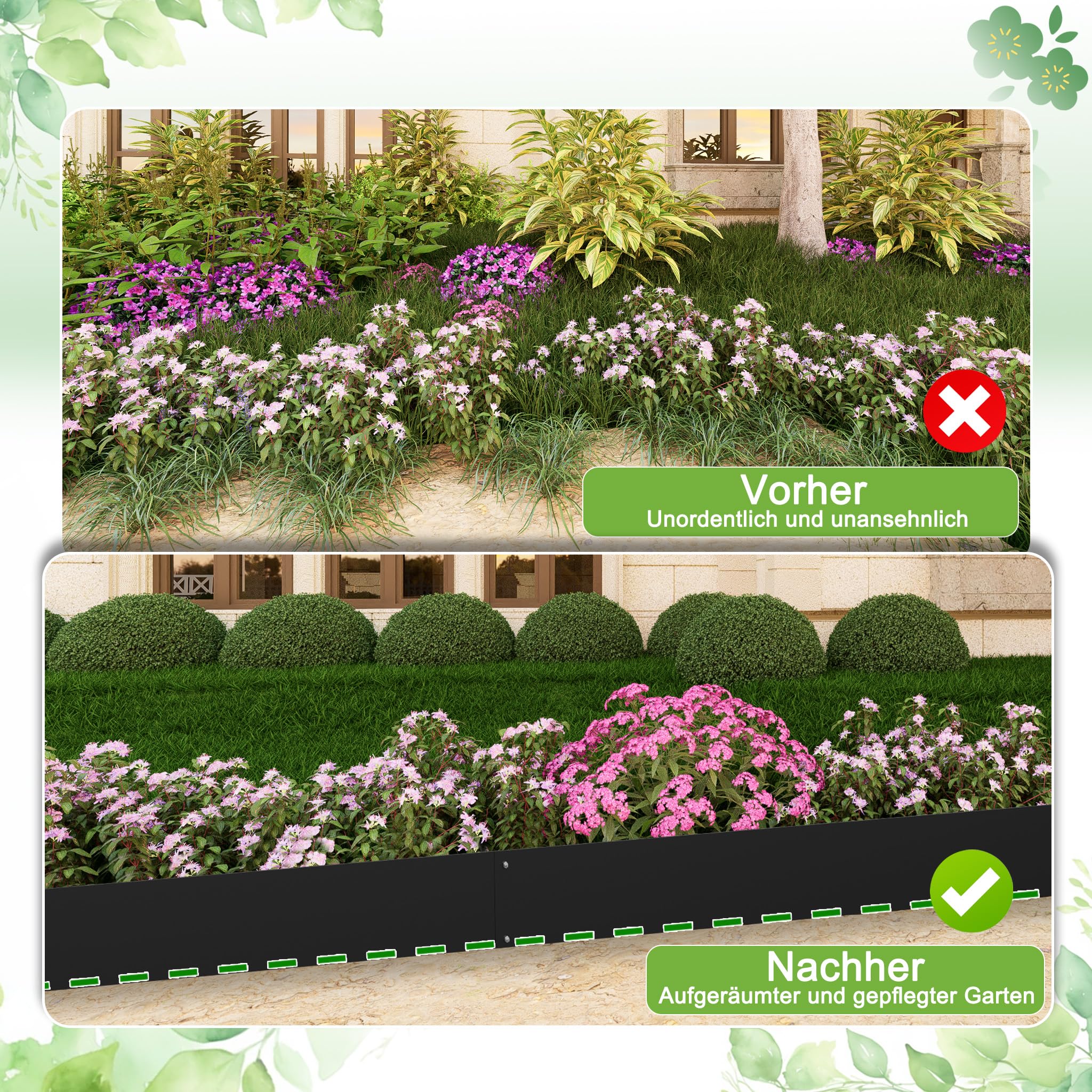 ACXIN Bordure de pelouse flexible en métal, lot de 5 pièces 100 x 10 cm, bordure de massif galvanisée avec 25 clous de fixation, bordure de jardin pour cour, jardin, ferme, couleur noire