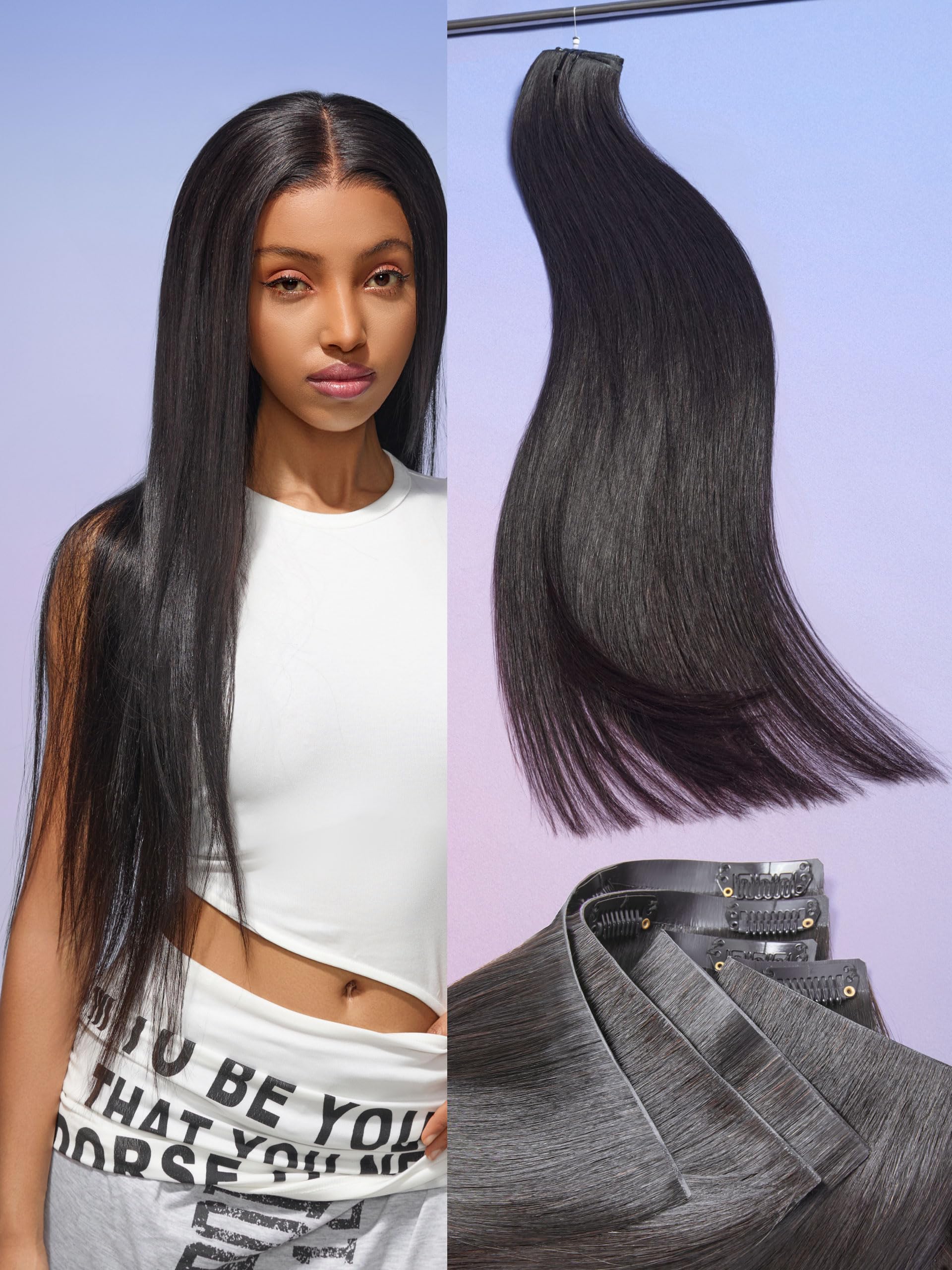 LUVME 0.82mm Invisible Clip in Hair Extensions Silky Straight, 16 Inch 110g 7 Pcs, 100% Real Human Hair Clip Ins, Natural Black, Seven Piece Set for