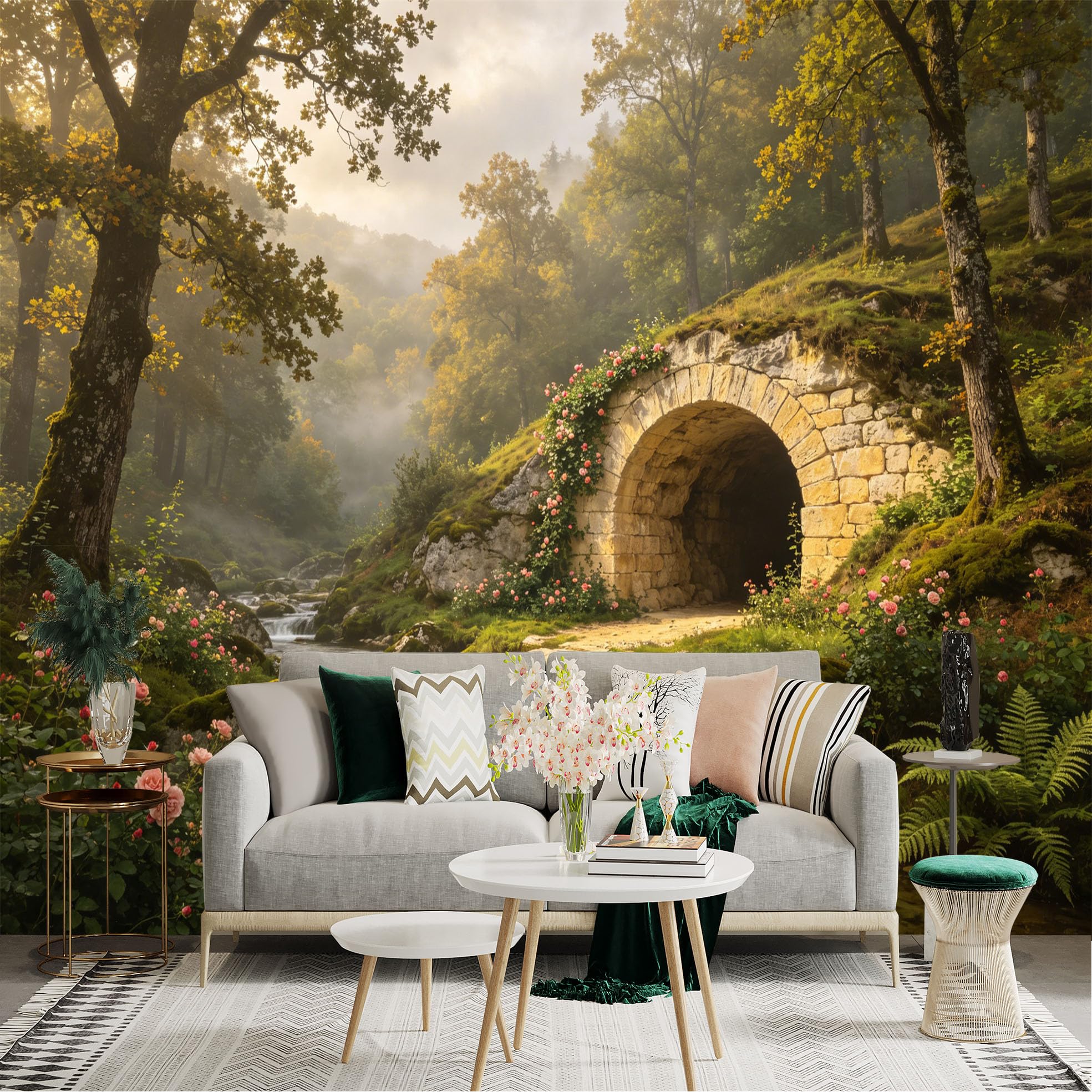 Custom Size Wall Sticker Mural， Stone Bridge Over Forest Stream with Roses and Morning Mist， for wall Decoration， peelandstick wall Decals.