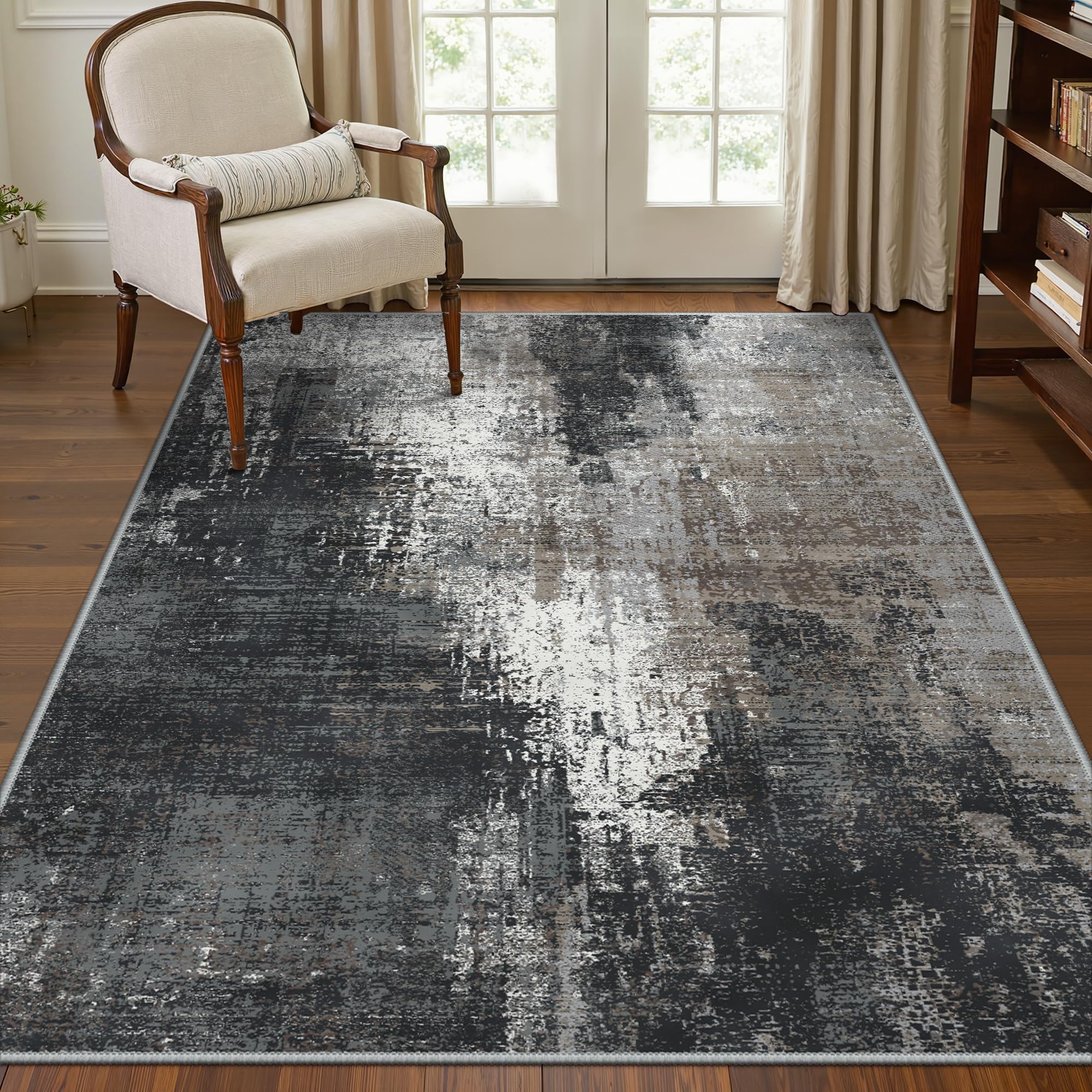 Washable Rugs Living Room 120x170cm, Abstract Area Rugs for Bedroom Soft Short Pile, Machine Washable Rug Non-Slip Large Rugs for Living Room, Dining Room, Carbon Grey & Brown