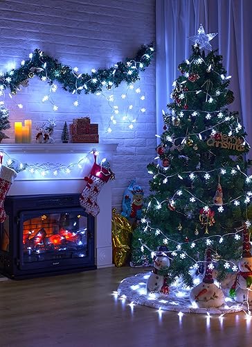 Vista 28 de Paquete de 2 luces de copos de nieve para exteriores, 50 LED de 26 pies, luces navideñas con pilas, 8 modos de iluminación, impermeables, Blanco