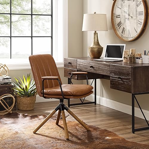 Miniatura 24 de Art Leon Silla moderna de mediados de siglo, silla giratoria con patas de roble sin ruedas, sillón de piel sintética para espacios pequeños, hogar,