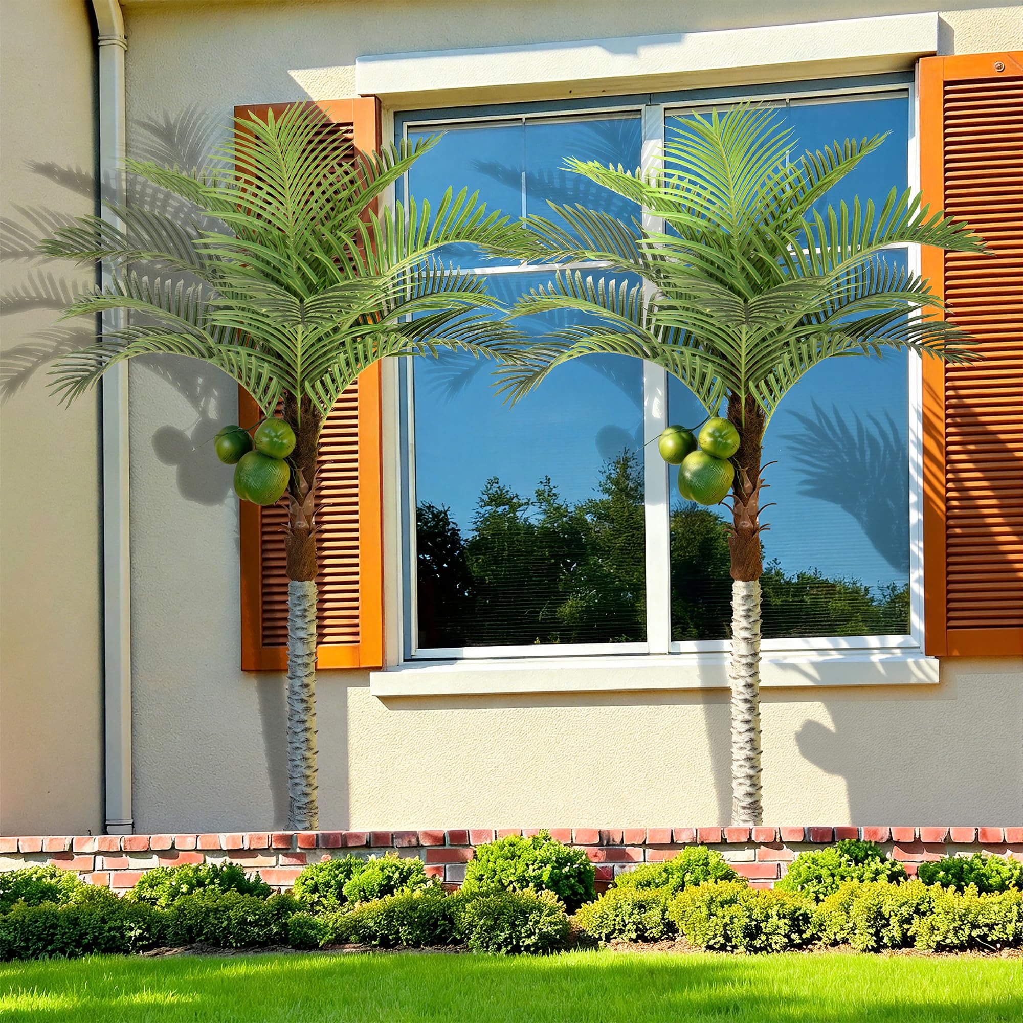 Bellacat 214cm UV-beständige Künstliche Palmen mit Kokosnussfrüchten, Kunst Palme Outdoor mit Volleren Blättern, Kunstpflanze Kokospalme für die Dekoration von Poolbereich, Terrasse und Wohnzimmer