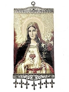 Religious Icon - Holy Saint Mary Blessed Virgin - Sacred Heart - Wall Hanging Tapestry Banner Large Art Decor - Christian Orthodox Catholic Cross - 16 x 8 inch - Ideal Christmas