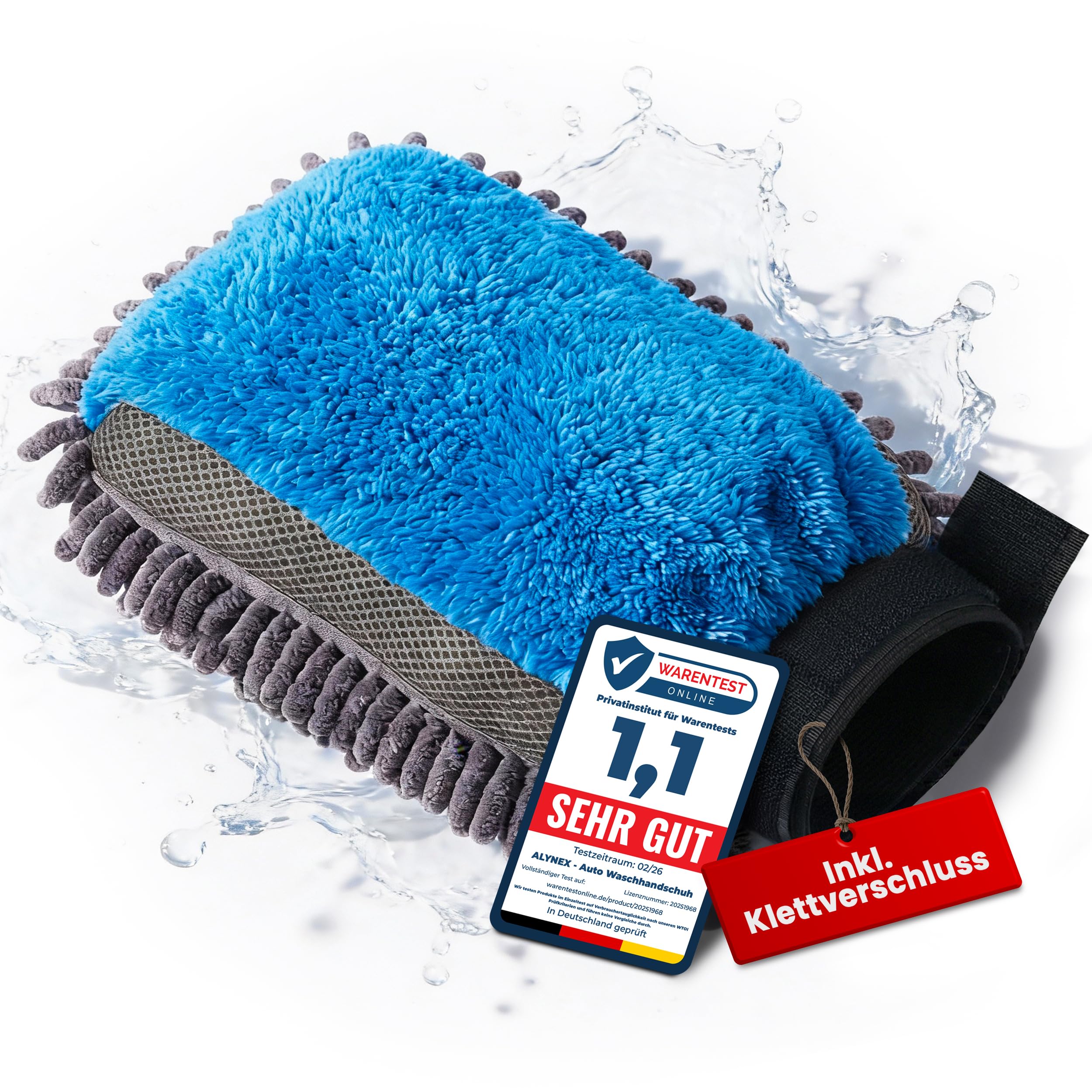 ALYNEX® Auto Waschhandschuh 3in1 mit Klettverschluss – Mikrofaser Waschhandschuh Auto mit Insektennetz – Lackschonend, Kratzfrei & Saugstark – Autopflege Zubehör für gründliche Auto Reinigung