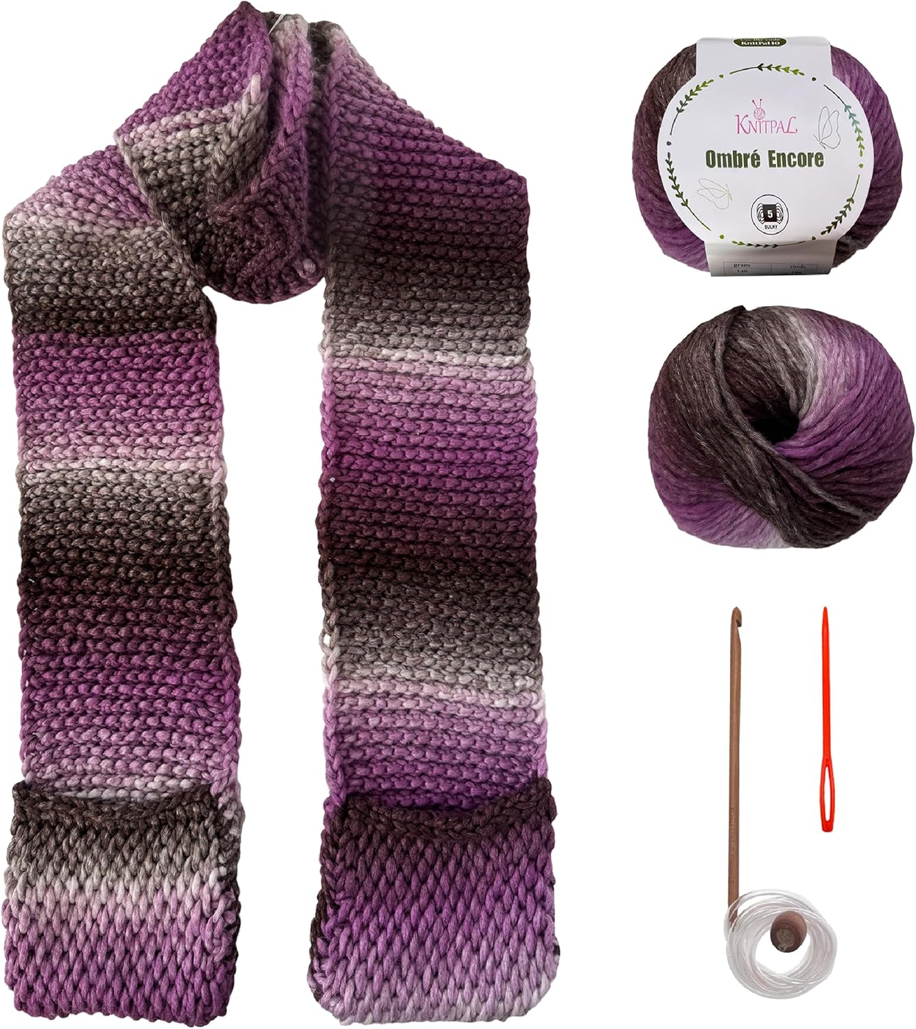 KnitPal Tunisian Scarf with Pockets Kit – 2 Skeins Ombre Encore (#5 Bulky, 100% Acrylic), Tunisian Hook, Pattern & Video – Beginner Tunisian Crochet, 6" x 84" (White Raspberry)