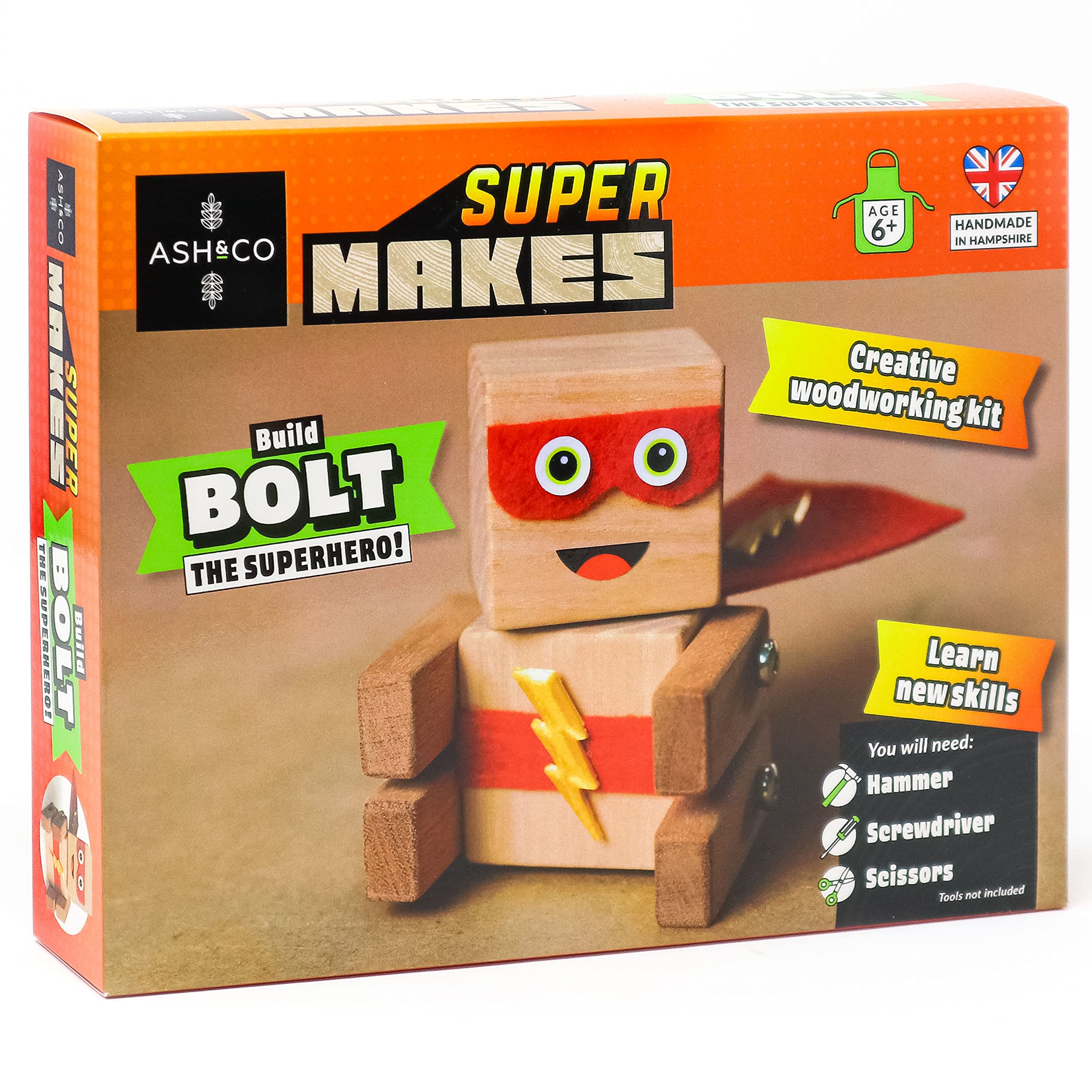 Ash & Co Super Makes Build a Wooden Superhero | Woodwork Kit for Kids | Fun Craft kit for Boys and Girls Age 6+ (Bolt The Superhero)
