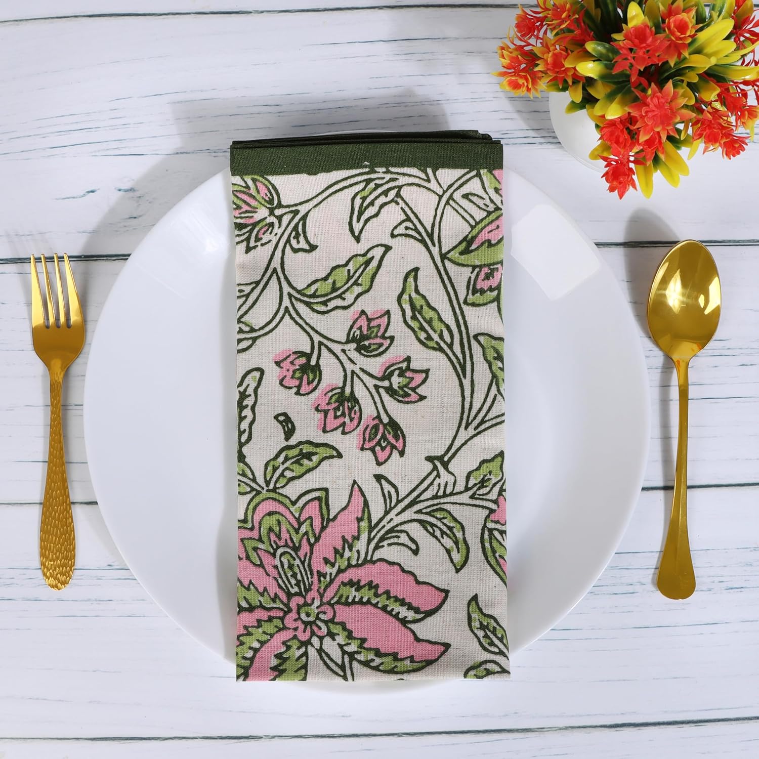FINGERCRAFT Cloth Napkin Set of 12 Cotton Linen Blend Mitered Corner Printed Table Napkins Washable and Reusable Dinner Cloth 20x20In Summer Block Pink