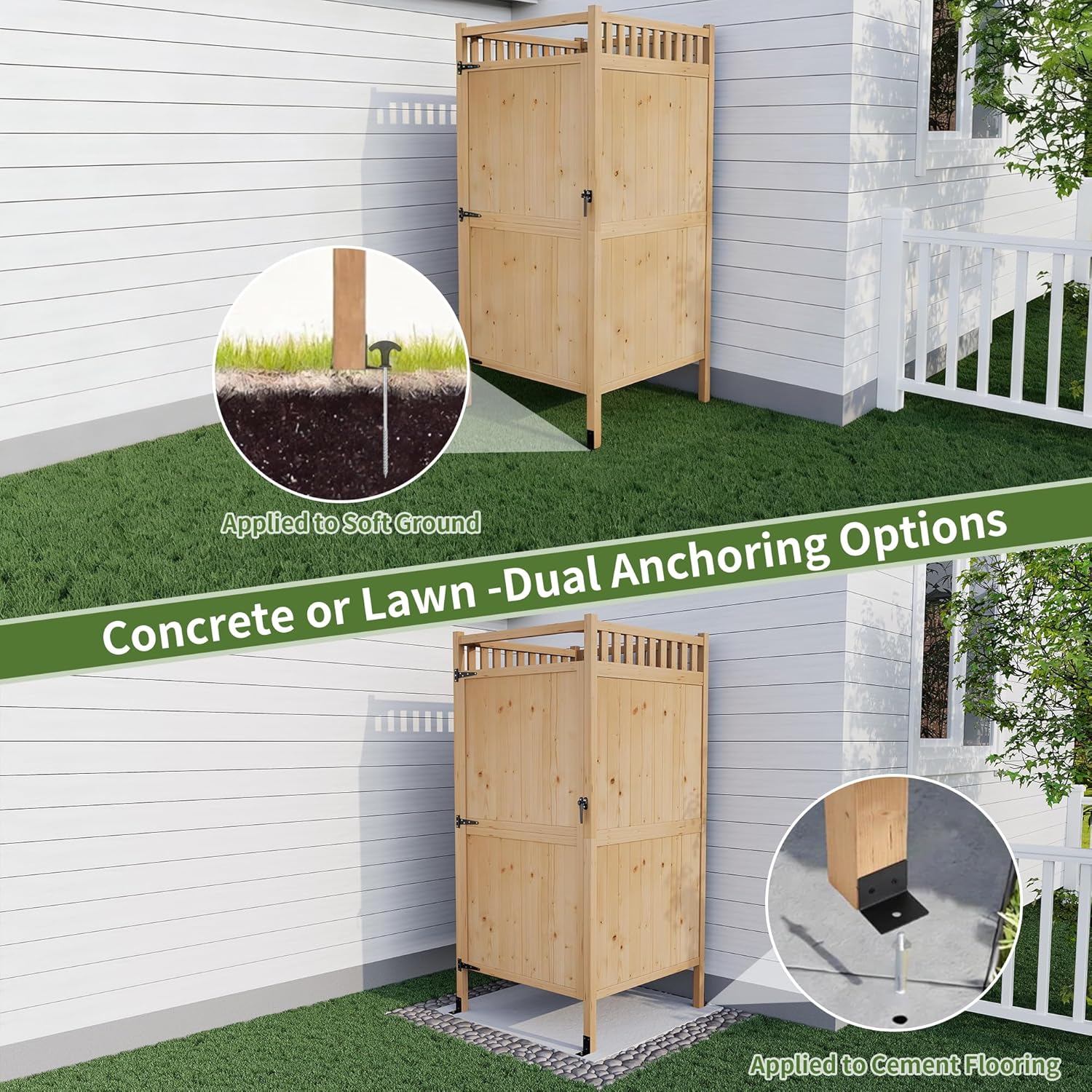 Solid Wood Outdoor Shower Enclosure Kit with Lockable Privacy Stall and Changing Room, Freestanding Natural Wooden Cabana with Shelf and Stainless Steel Towel Bar for Backyard Poolside & Garden