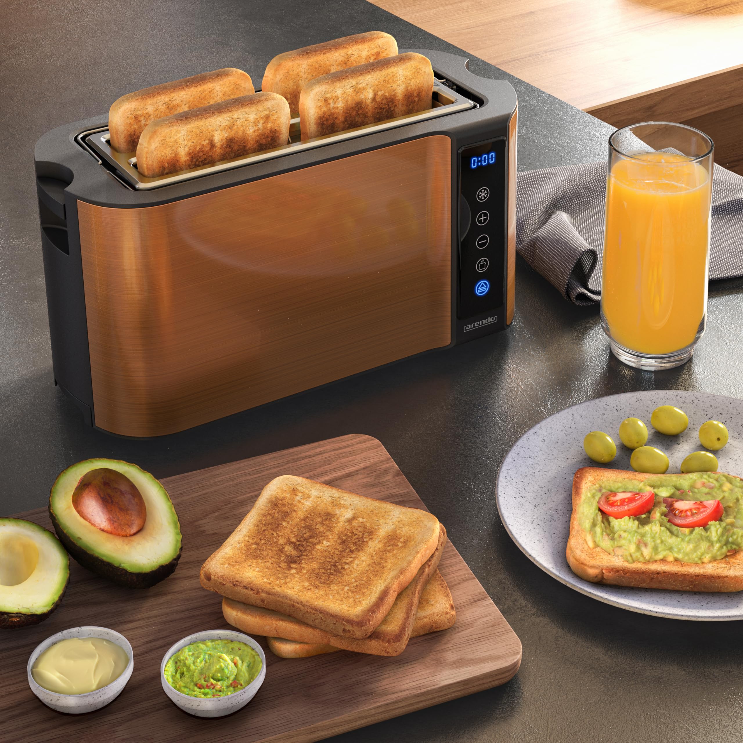 Arendo - Tostadora con ranura larga de acero inoxidable, 4 rebanadas, pantalla táctil, cuerpo de doble pared, rejilla integrada para rollos, 7 grados de bruñido, centrado del pan, visualización del