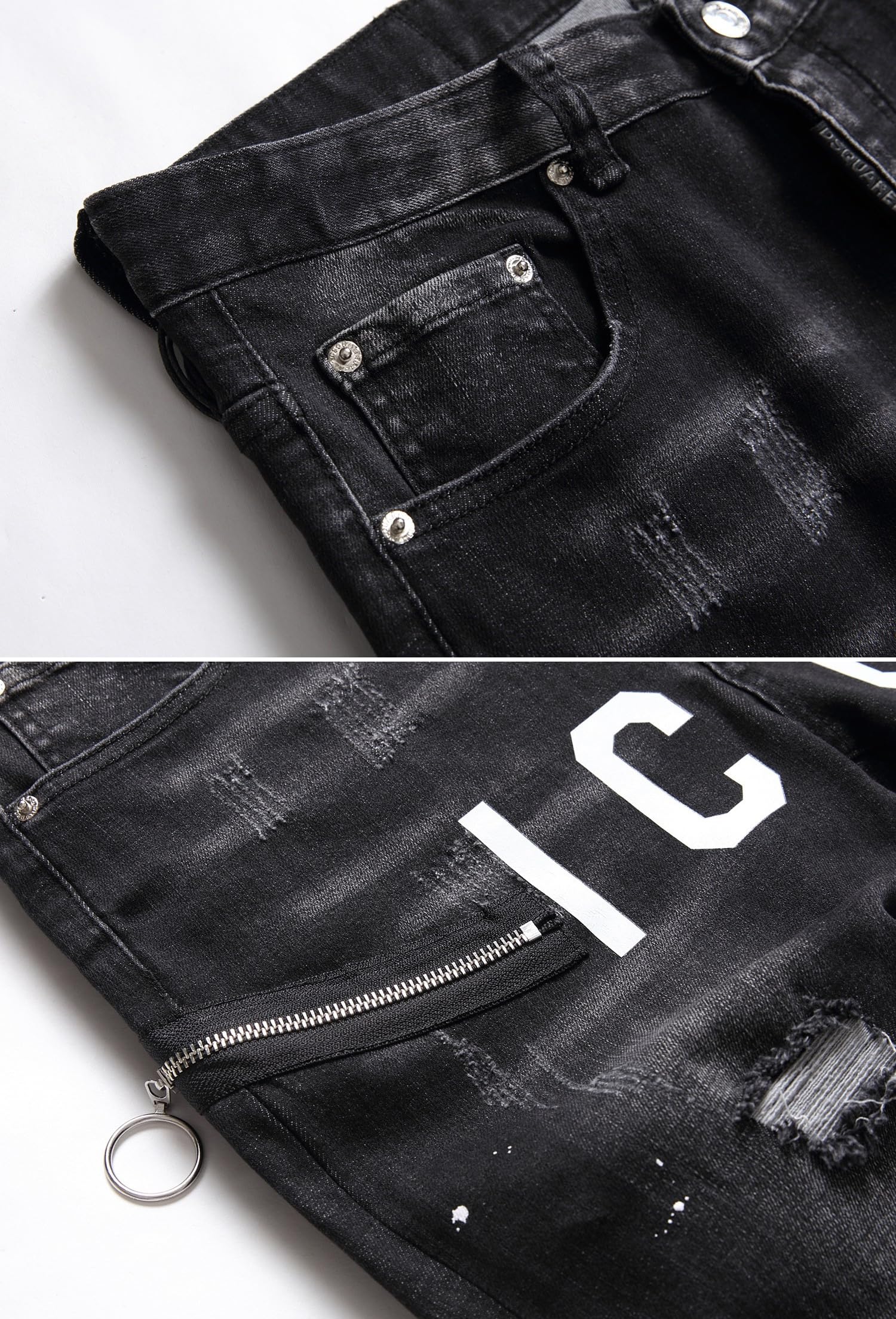 Jeans Uomo Slim Fit Strappati - Pantaloni in Denim Elasticizzato con Spruzzi di Inchiostro, Stile Streetwear Y2K e Hip-Hop Casual