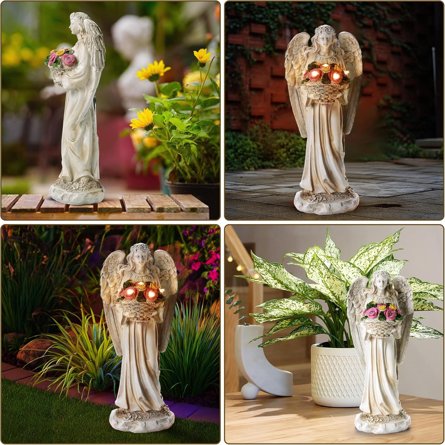 Solar Angel Garden Statue Outdoor Holding Flowers, 11.2in Waterproof Garden Figurines for Patio, Balcony, Lawn, Yard or Outdoor Garden Decoration