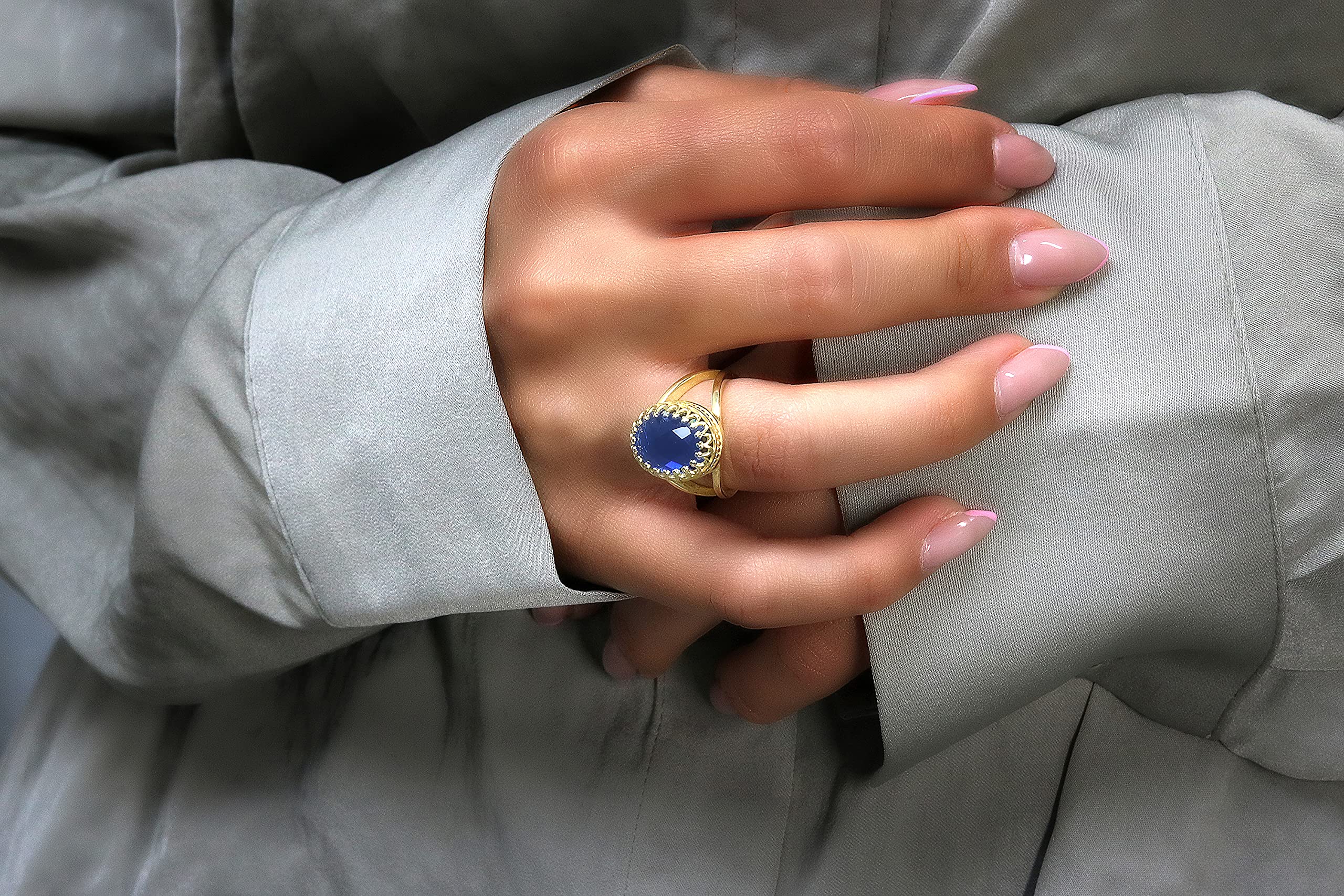 Anemone Schmuck Facettierte Saphir Ring - Vintage-Inspirierte Gelbgold-Ring - Individuelle Mode und Geschenke Oval Ringe für Frauen - Engagement, Versprechen, Geburtsstein Ringe für Sie