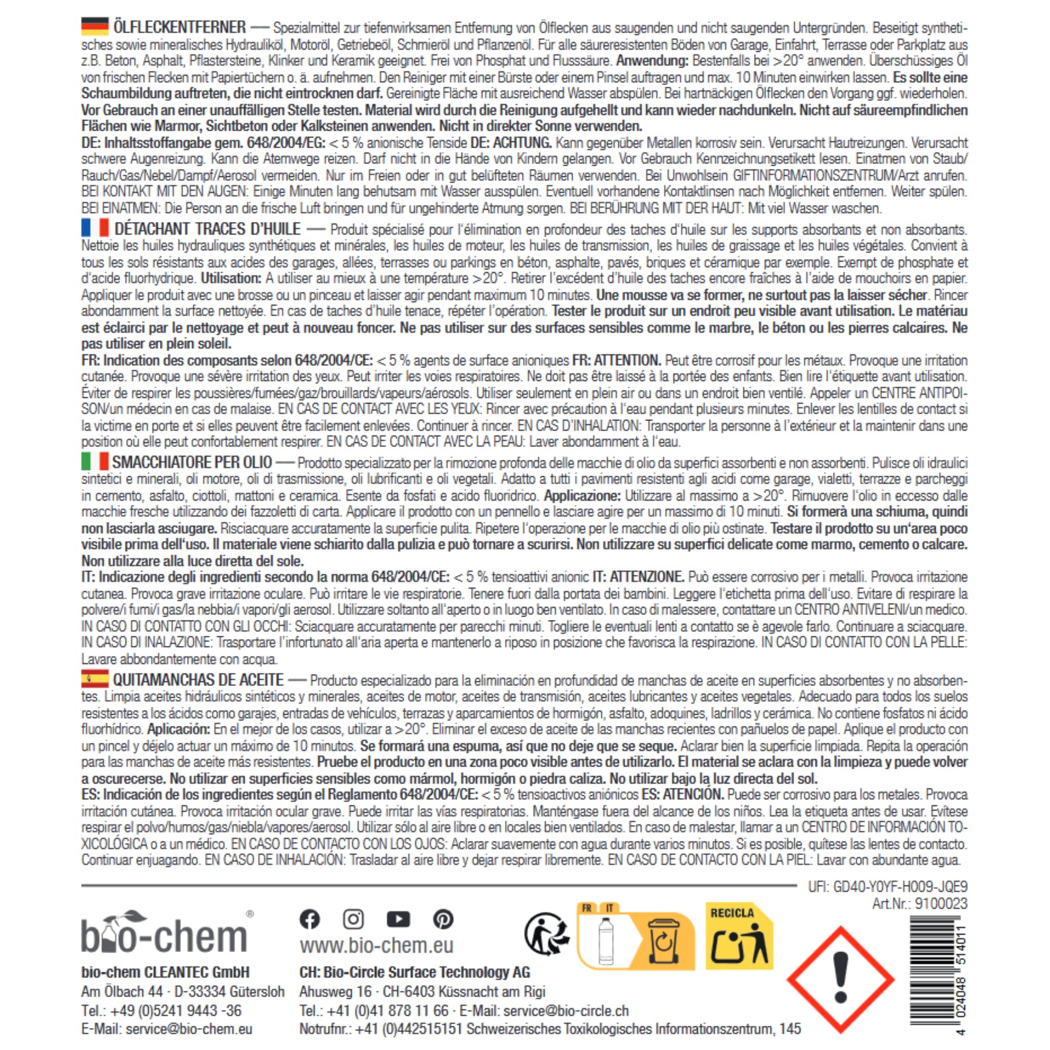 bio-chem Ölfleckentferner 2x 1L für Pflaster & Beton | Zur Entfernung von Ölflecken aller Art auf Pflastersteinen, Beton und Asphalt