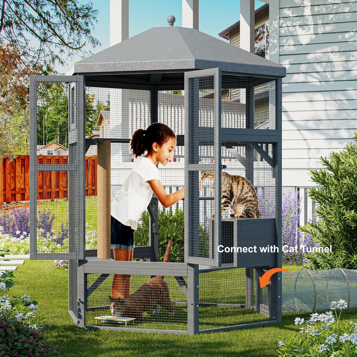 Catio Outdoor Cat Enclosure, Large Indoor Cat Catio for Multiple Cats with Window Access & Waterproof Roof, Includes Cats House, Multiple Platforms & Scratching Post, 65" Kitty Cage, Grey