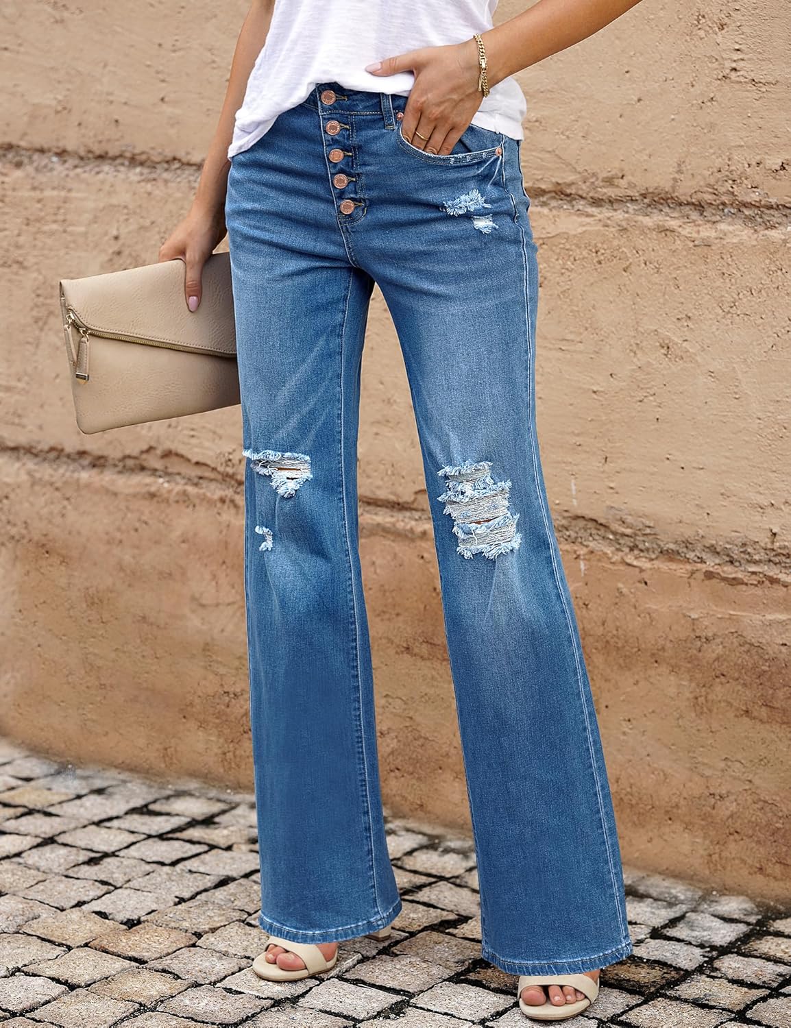 LookbookStore High Waisted Ripped Flare Jeans for Women Distressed Bell Bottom Jeans Wide Leg Pants - Image 2