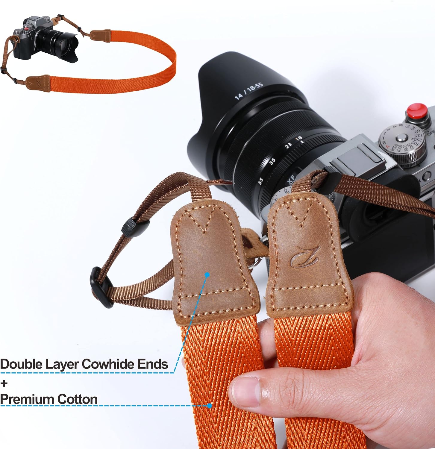 Padwa Lifestyle Orange Camera Strap - 1.5" Double Layer Crazy Horse Cowhide Ends Camera Straps for Photographers,Universal Adjustable Pure Cotton Woven Neck Shoulder Strap for Cameras and Binoculars image 3
