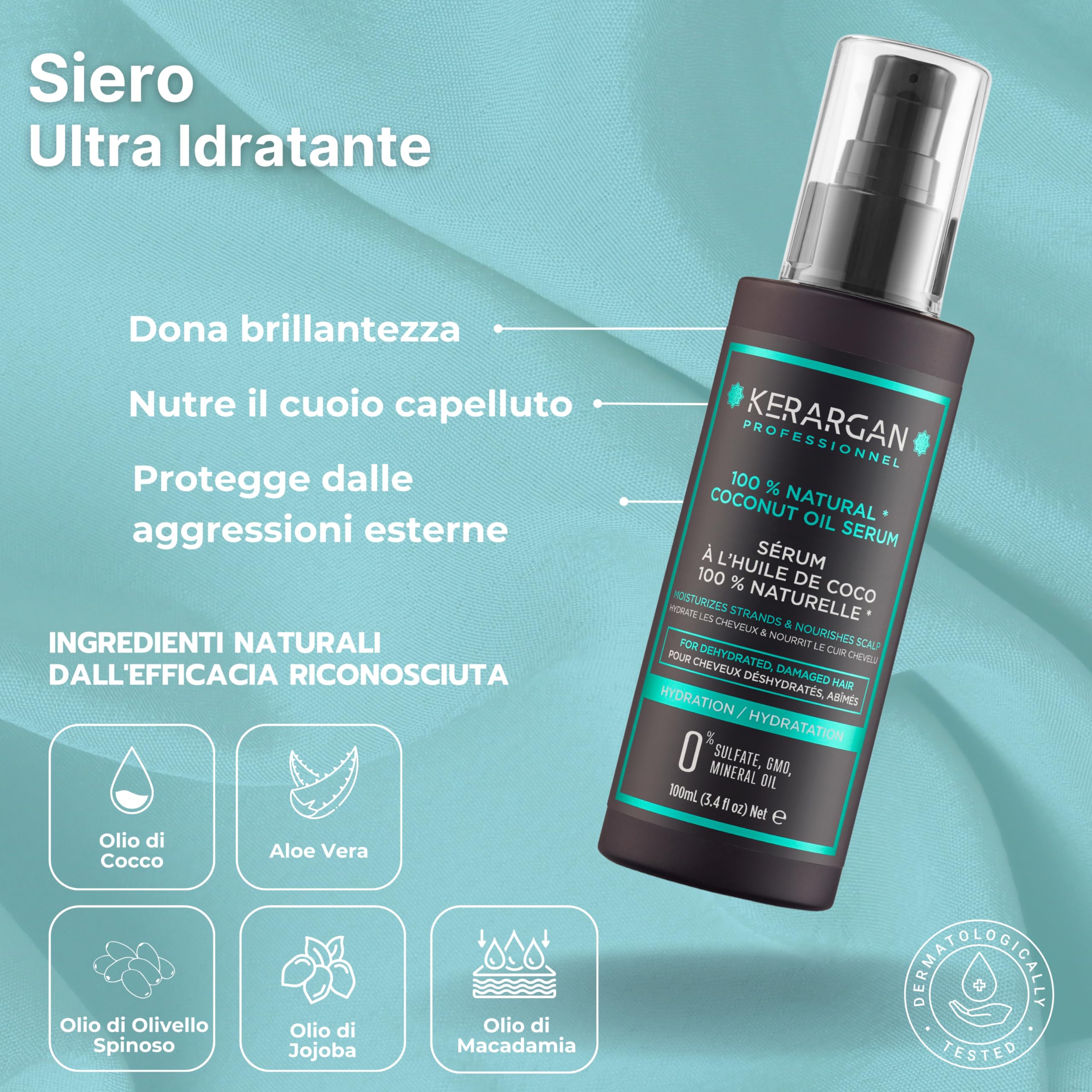 Kerargan - Set Idratante Shampoo, Balsamo, Maschera & Siero all’Olio di Cocco - Cura Completa per Capelli Disidratati, Danneggiati - Senza Solfati, GMO, Silicone - 3x500 ml + 100ml | Shampoo, balsamo, maschera e siero al cocco, routine completa per idrata