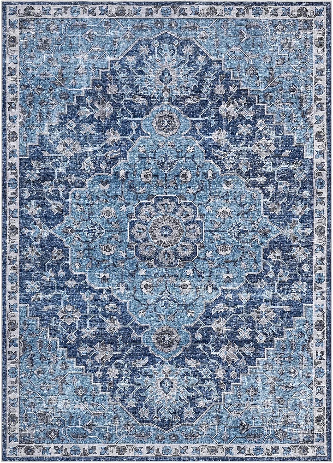 large area rug 9x12 machine washable rug for living room, non-slip non-shedding dining room mat, vintage distressed soft indoor floor carpet for nursery playroom office, blue blue tint 9' x 12' (rectangular)