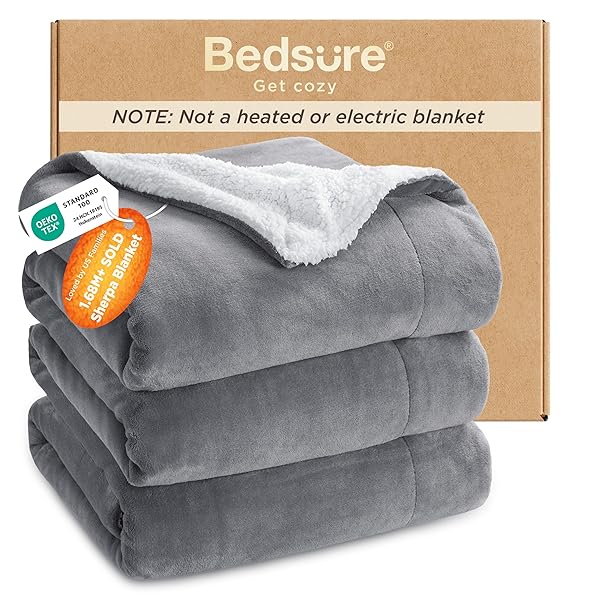 Bedsure GentleSoft Sherpa Fleece Queen Blankets for Bed, Non-Heated, Thick and Warm Throw for Women and Men, Soft Fuzzy Plush Queen Blanket for Winter, Grey, 90x90 Inches