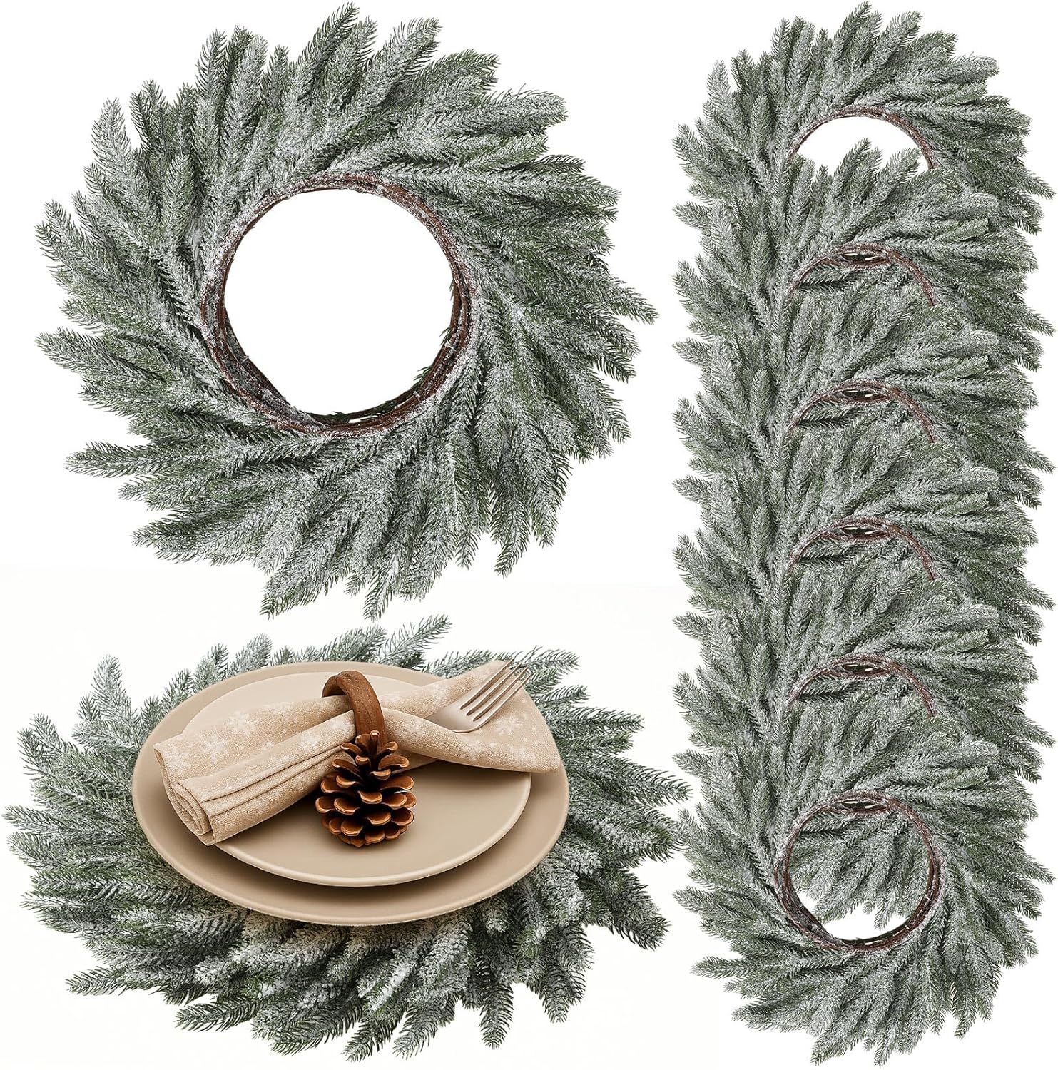 Christmas Placemats Set of 6 Round Greenery Place Mats Xmas Circular Artificial Wreath Dining Table Decor Winter Fake Plants Branches Mats for Kitchen Accessories (Norfolk and Powder Snow)