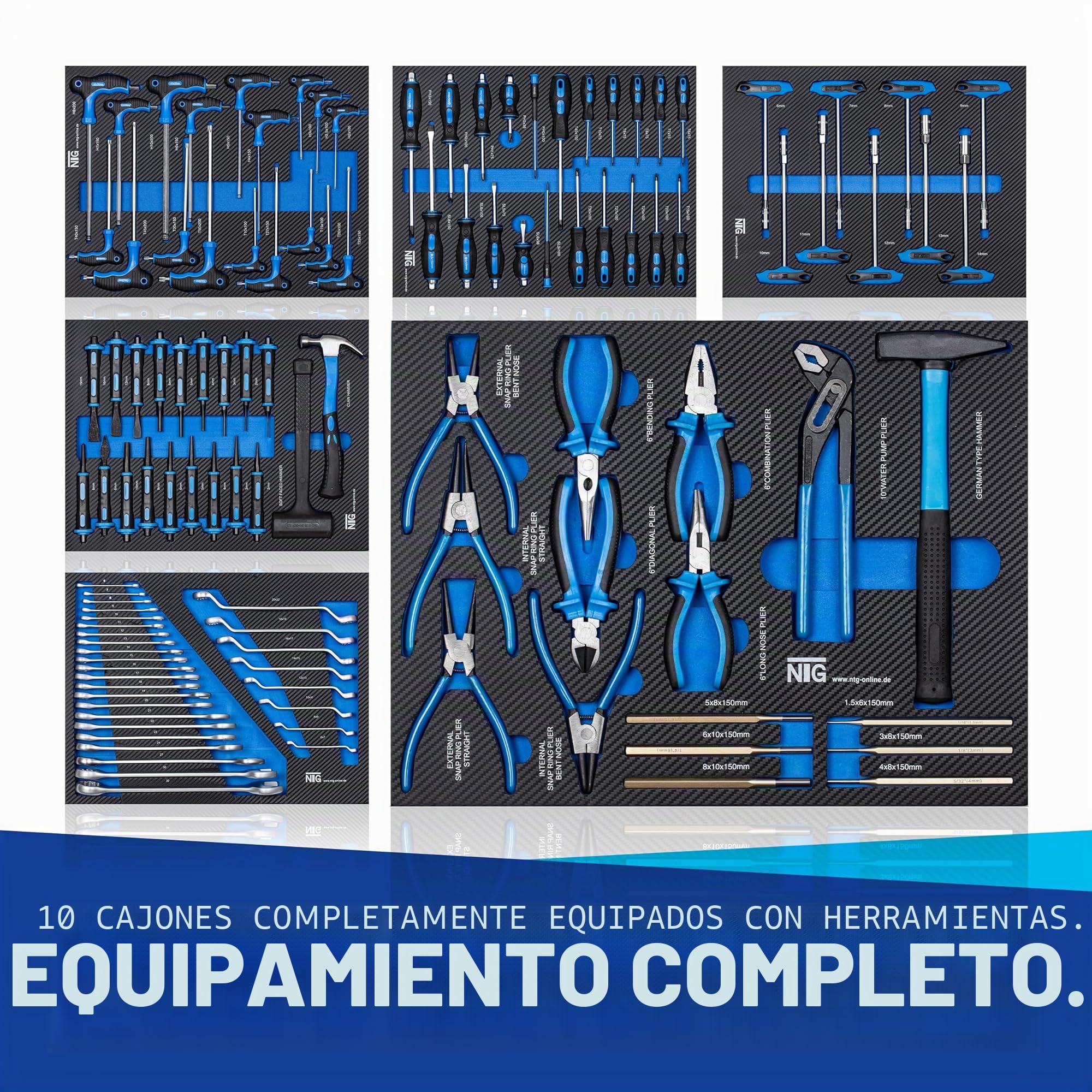 NTG Carro de herramientas XXL equipado con herramientas | 457 piezas | +12 cajones con cerradura | 10 de ellos con herramientas | con inserciones suaves en aspecto de carbono | carro de taller caja de