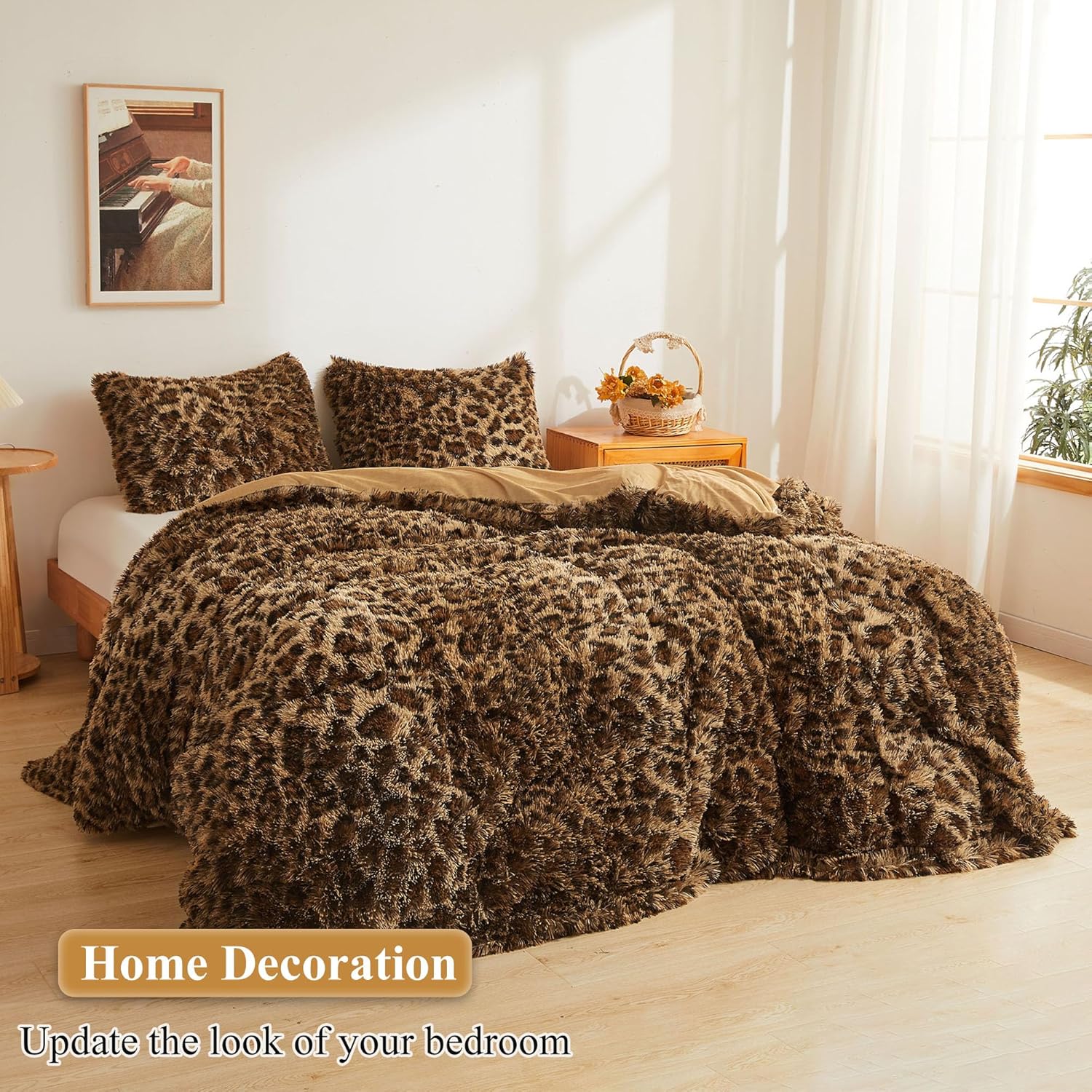 XeGe Cheetah Print Faux Fur Fluffy Pillowcases, Plush Shaggy Soft Long Pillow Covers, Fuzzy Decorative Leopard Print Pillow Cases, Furry Pillow Shams for Bed Couch Zipper, Set of 2(King, Brown) - Image 6