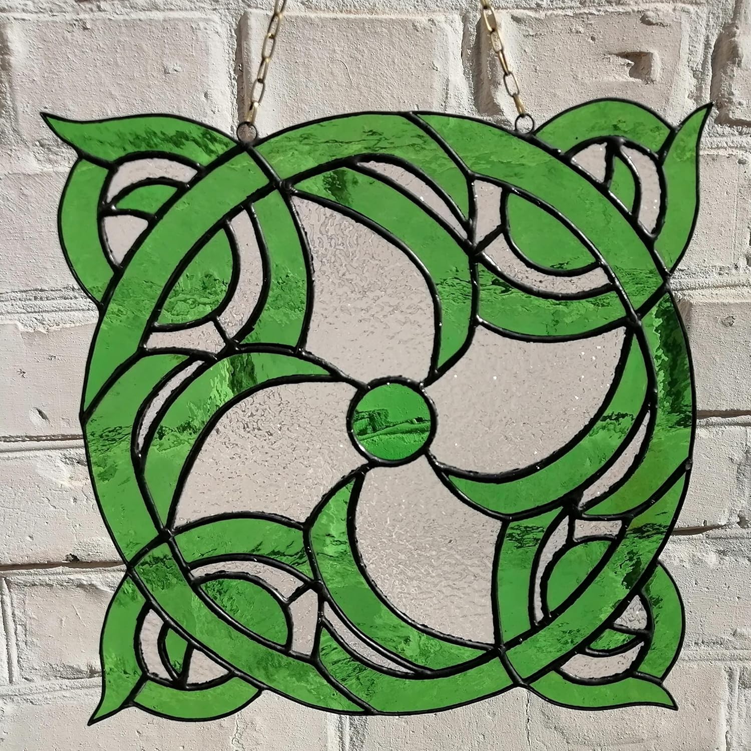 Abstract Round Stained Glass Panel 10 Inch, Unique Tiffany Style Handmade Window Hanging for Home, Green Swirling Circle Wall Decor, Decorative Vintage Theme Swirl Suncatcher