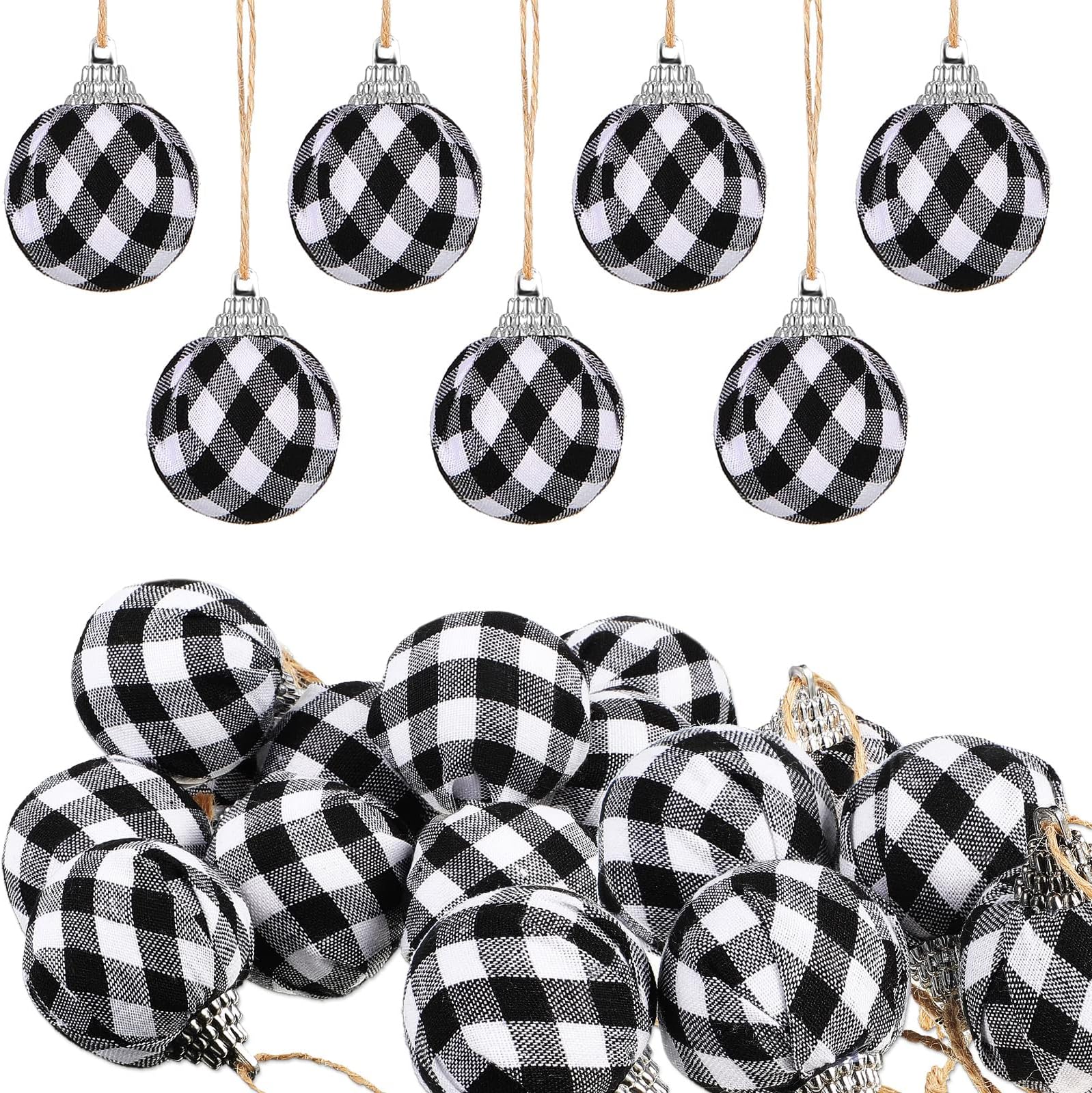24 Pieces Christmas Buffalo Plaid Ball Farmhouse Fabric Wrapped Balls Christmas Balls Ornaments Buffalo Plaid Balls Tree Hanging Ornaments for Christmas Tree Decoration Party Supplies (Black White)