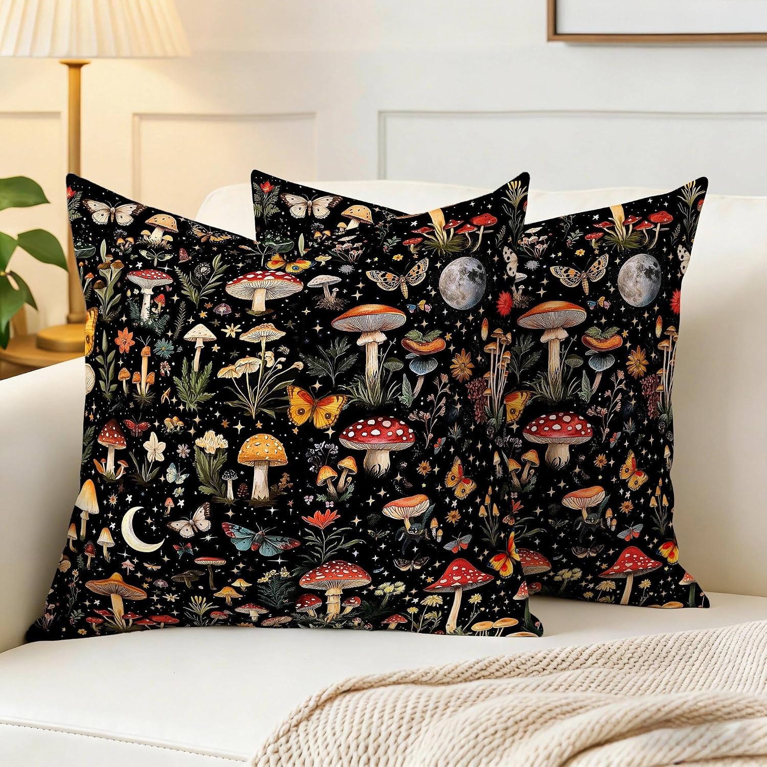 2 Pack Boho Mushroom Throw Pillows Covers 18x18 Inch, Black Witchy Pillow Cases for Couch Living Room Sofa Bedroom, Cute Mushroom Gifts for Witchy Lovers, Rustic Pillowcase Cushion Covers, Home Decor image 3