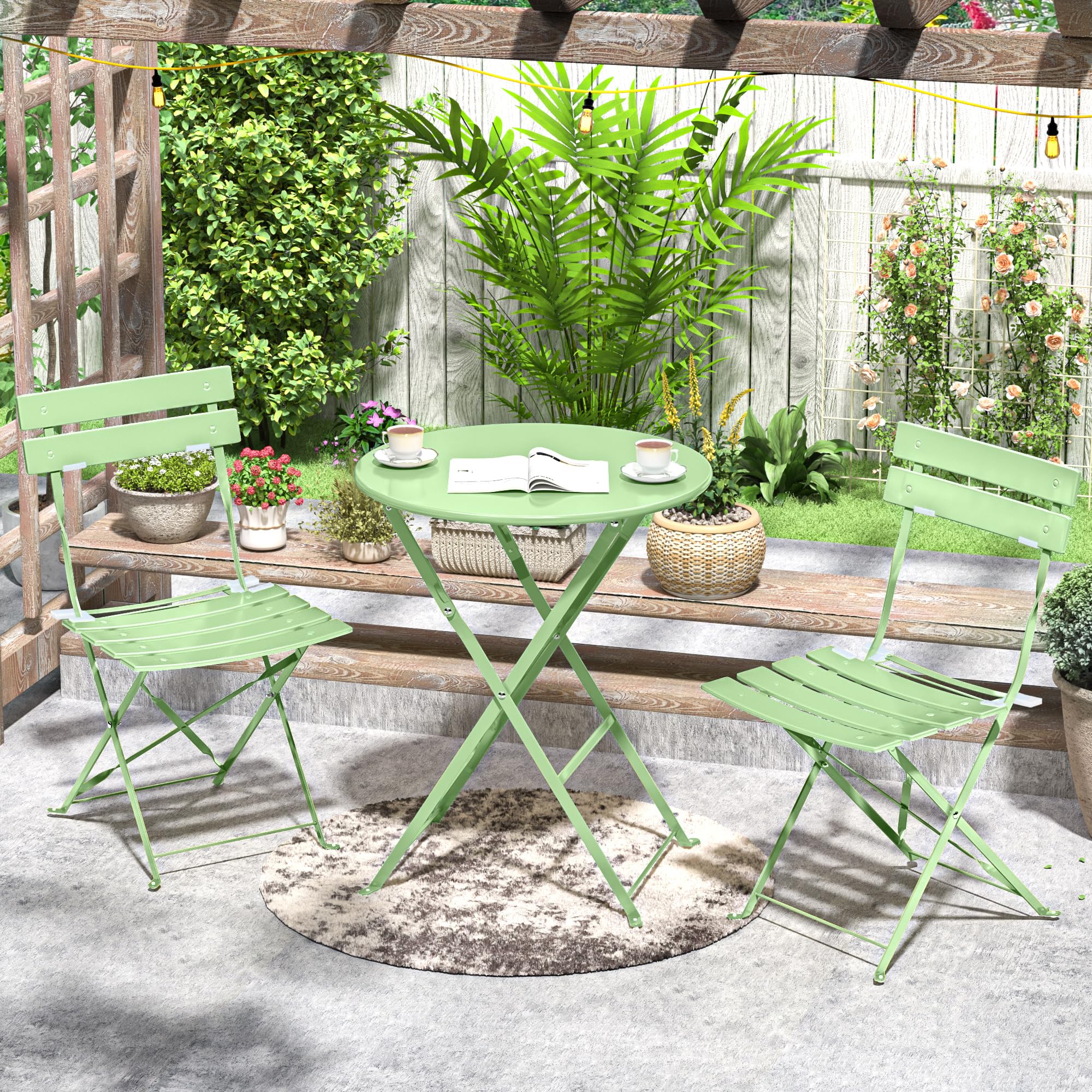 Set di mobili da giardino resistente alle intemperie, set da 3 pezzi, per piccoli balconi, tavolo da bistrot con 2 sedie, set da bistrò, pieghevole, verde