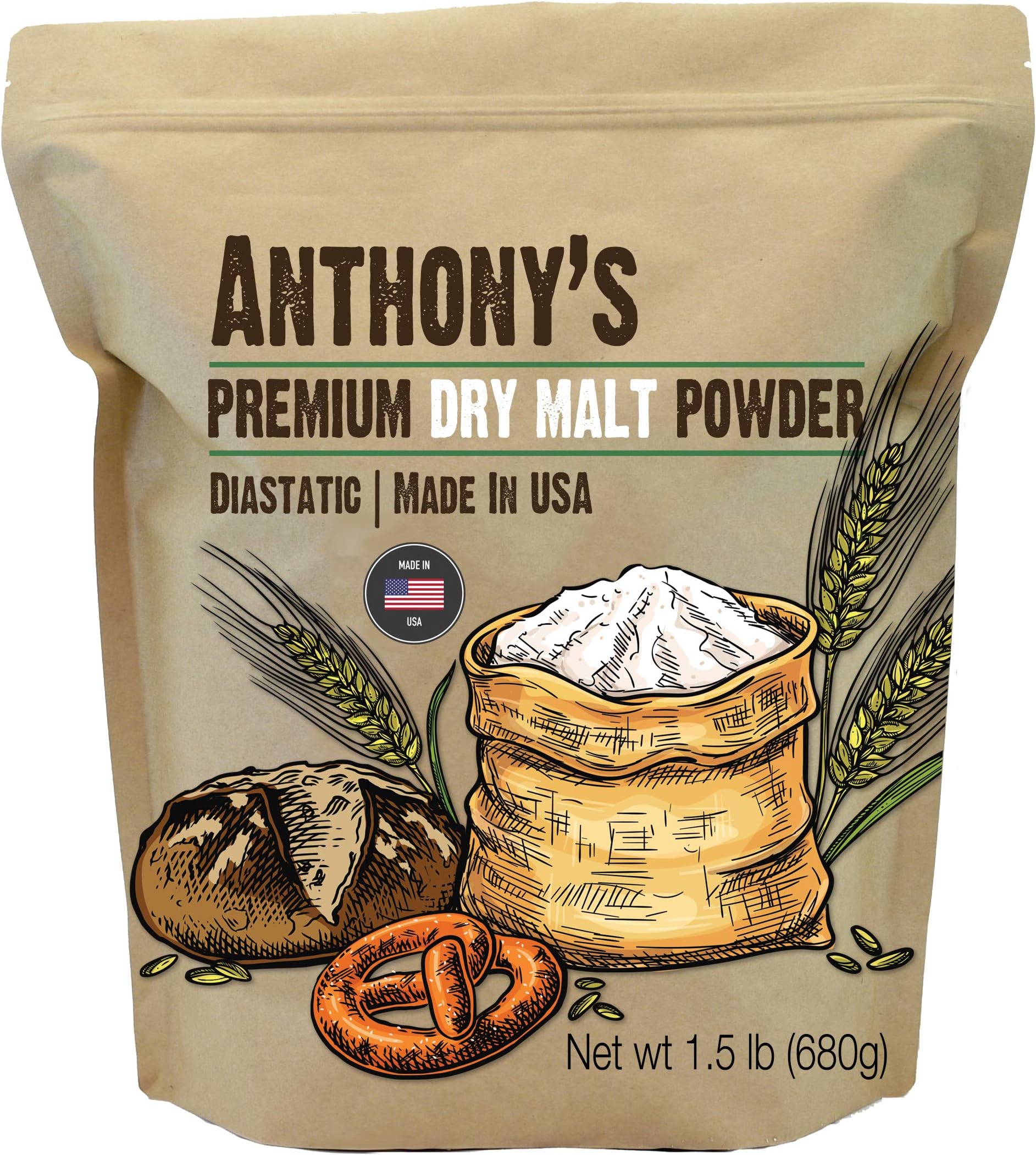 Anthony's Diastatic Dry Malt Powder, 1.5 lb, Made in the USA, Diastatic, Malted Barley Flour