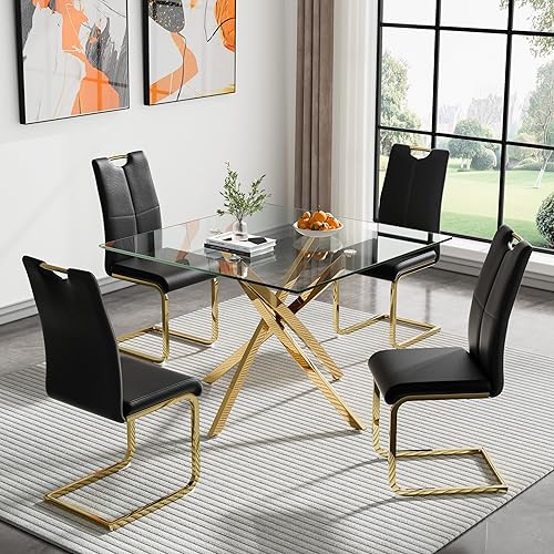 Miniatura 23 de Juego de 4 mesas de comedor modernas de 5 piezas, mesas de comedor redondas de vidrio templado de 36 pulgadas y 4 sillas de comedor negras de cuero,