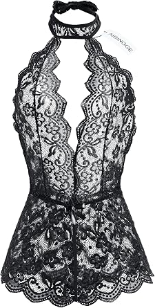Women One Piece Black Lace sexy Lingerie Teddy, Halter Neckline, Bow Accents