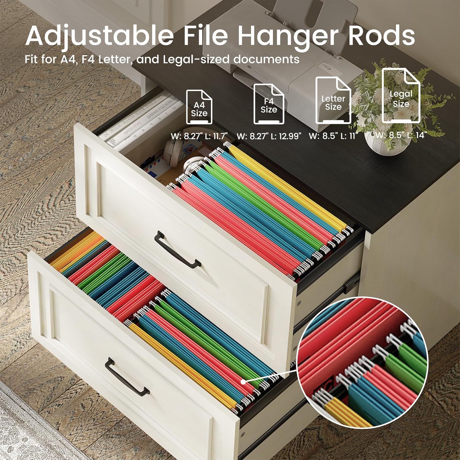 FEZIBO Farmhouse File Cabinet, 30" Lateral Filing Cabinet with 2 Drawers and Hanging Rods, Storage Wood Cabinet for Home Office, Living Room, Bedroom, Pure White