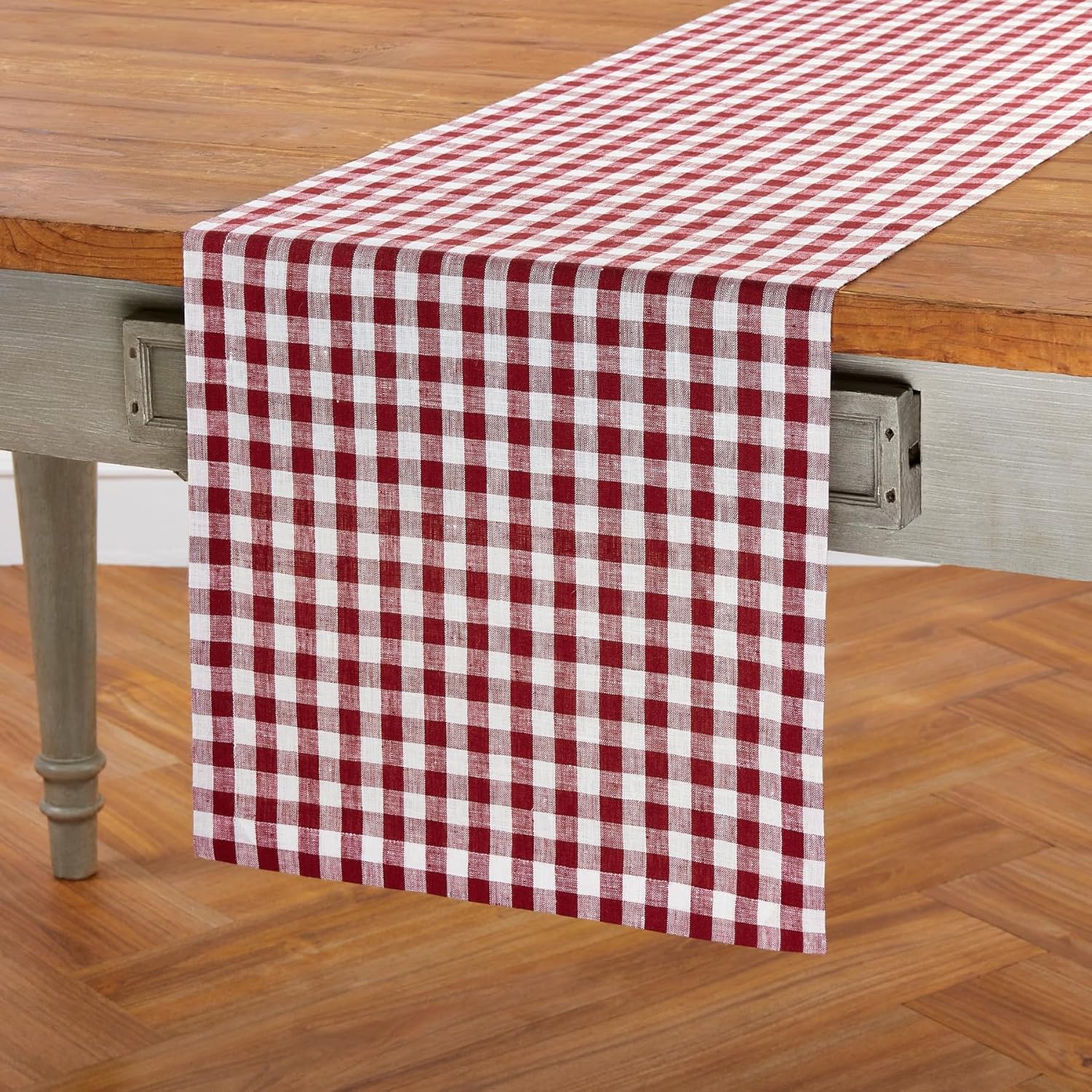 Solino Home Linen Gingham Table Runner 120 Inches Long - 100% Pure Linen Burgundy Checkered Table Runner 14 x 120 Inch Ideal for Dining, Mothers Day