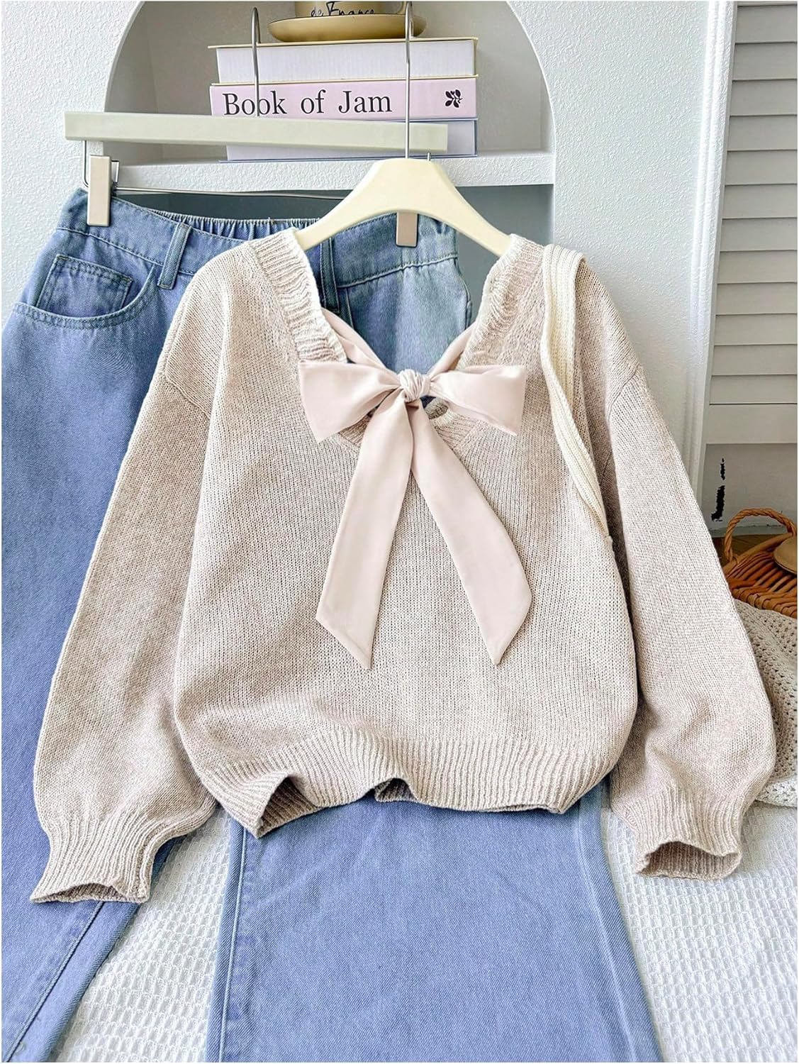 Girl's Bowknot Sweater V Neck Long Sleeve Knitted Cute Pullover Sweater Jumper Tops - Image 4