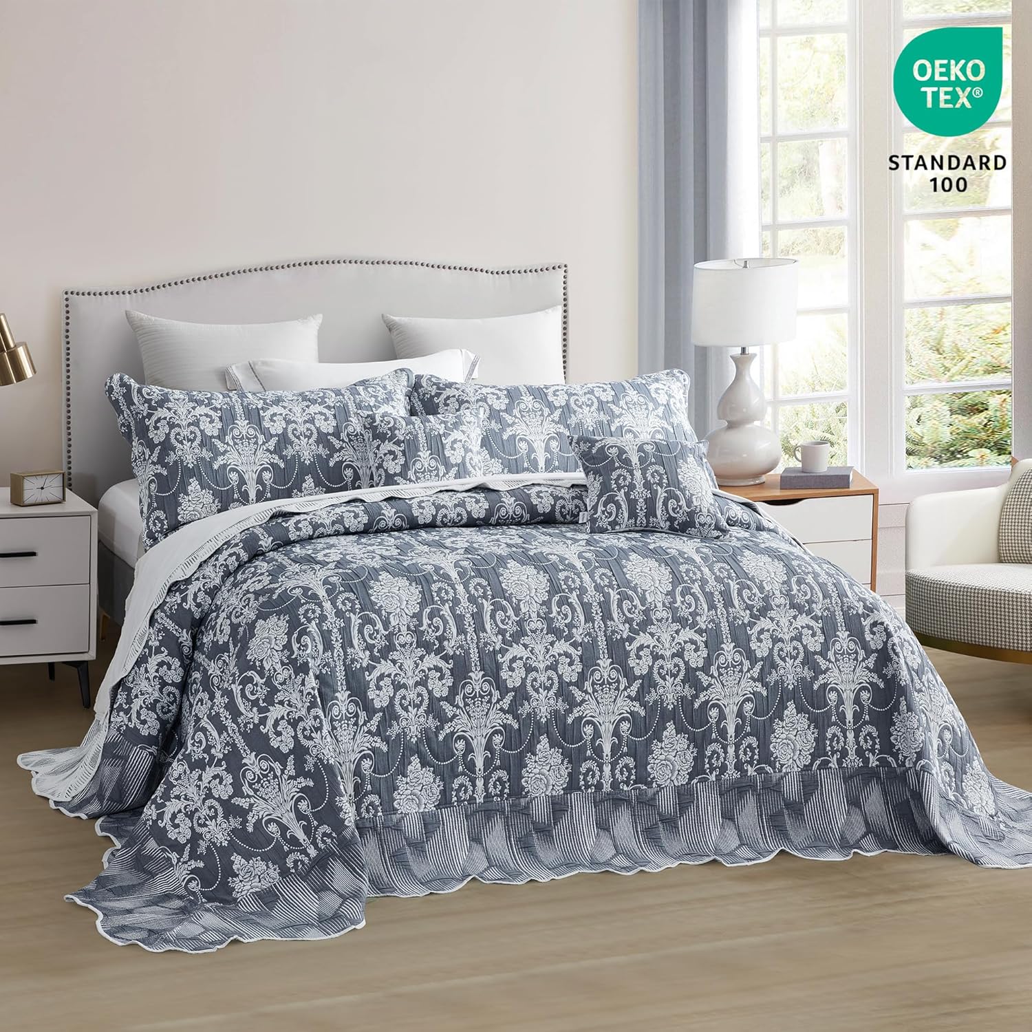 Oversized King Bedspread 128x120 Extra Wide, Jacquard Matelasse Damask Pattern Design, Lightweight, Reversible, 5 Piece, 100% Microfiber, Blue - Image 4
