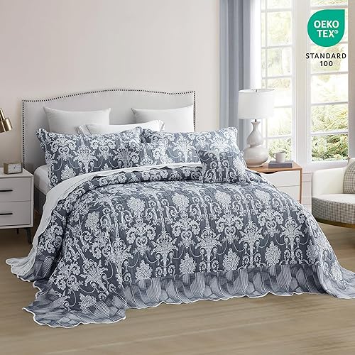 Miniatura 4 de Colcha extragrande King de 128 x 120 pulgadas, extra ancha, diseño de damasco jacquard matelasse, ligera, reversible, 5 piezas, 100% microfibra, azul