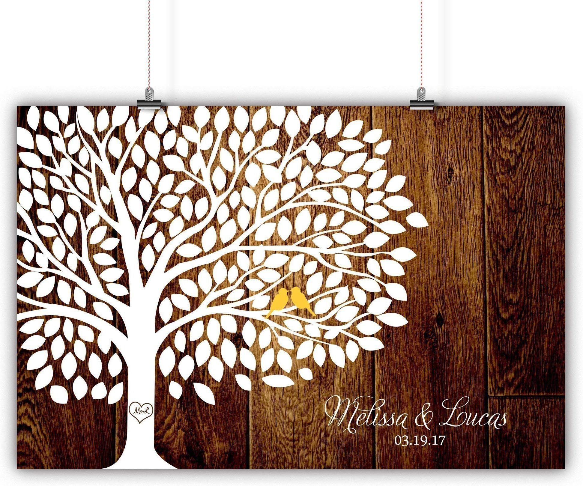 Personalized Wedding Tree Guest book Alternative Customized Poster, Print, Framed or Canvas, 200 Signatures Rustic Wood Background