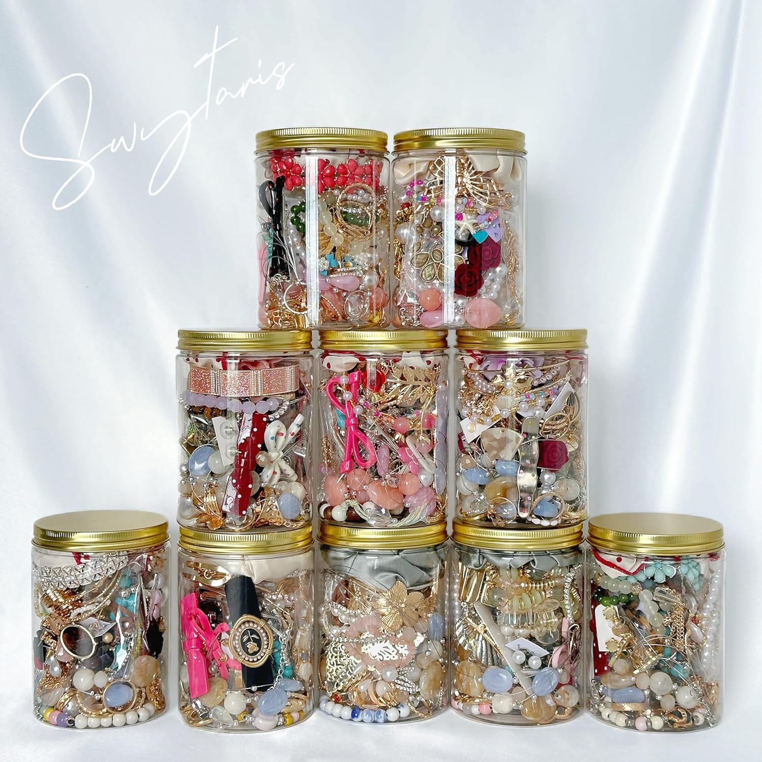 45-50 pcs Mystery Jewelry Jar, Surprise Jewelry Set for Woman Includes Necklaces, Earrings, Rings, Bracelets and Hair Clips, Unique Anniversary Birthday Friendship, Goth Gift for Her