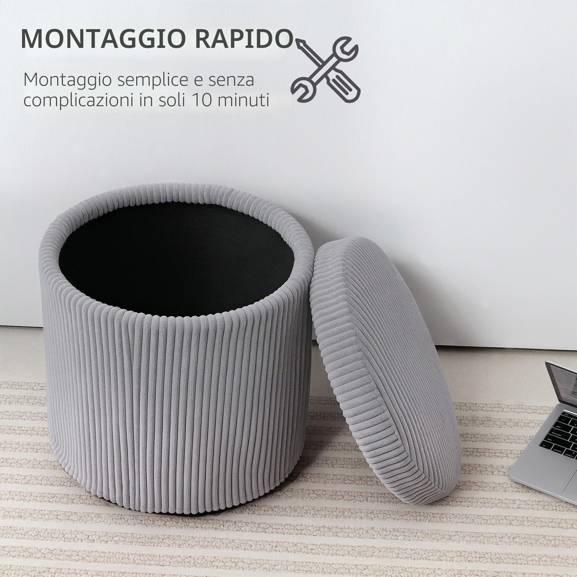 HOMCOM Pouf Rotondo Portaoggetti Baule Ø40x41 cm Grigio Chiaro | Rivestimento in velluto a coste, seduta imbottita, coperchio rimovibile, per ingresso, camera da letto, soggiorno.