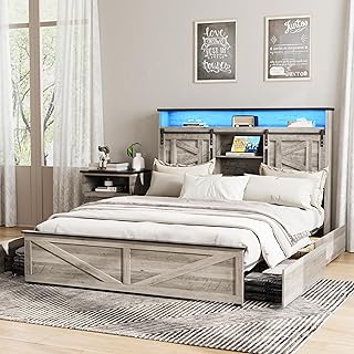 Fameill Farmhouse Queen Size Bed Frame with 4 Drawers and Bookcase Headboard, Sliding Barn Door Storage Shelves, LED Lights and Charging Station, No Box Spring Needed, Grey